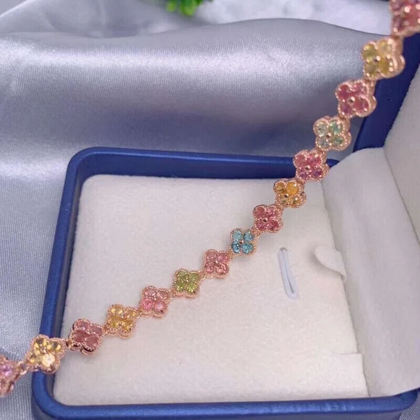Natural Tourmaline Tennis Bracelet Rose Gold, Tourmaline Flower Bracelet