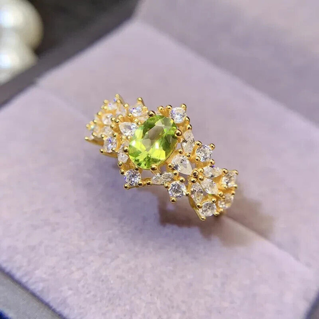 Natural Peridot Gemstone Statement Ring 5x7mm, August Birthstone Peridot Ring
