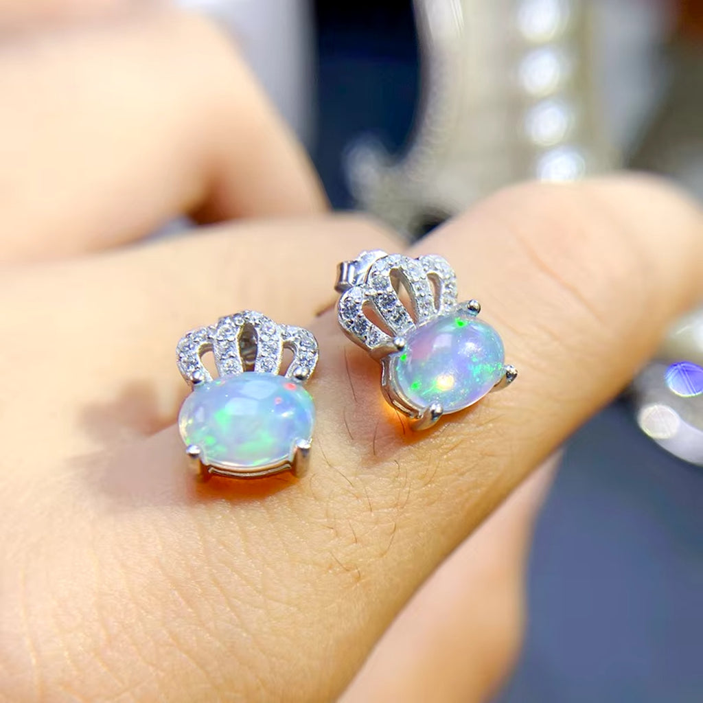 Natural Fire Opal Earrings, Fire Opal Crown Earrings 925 Sterling Silver 5x7mm