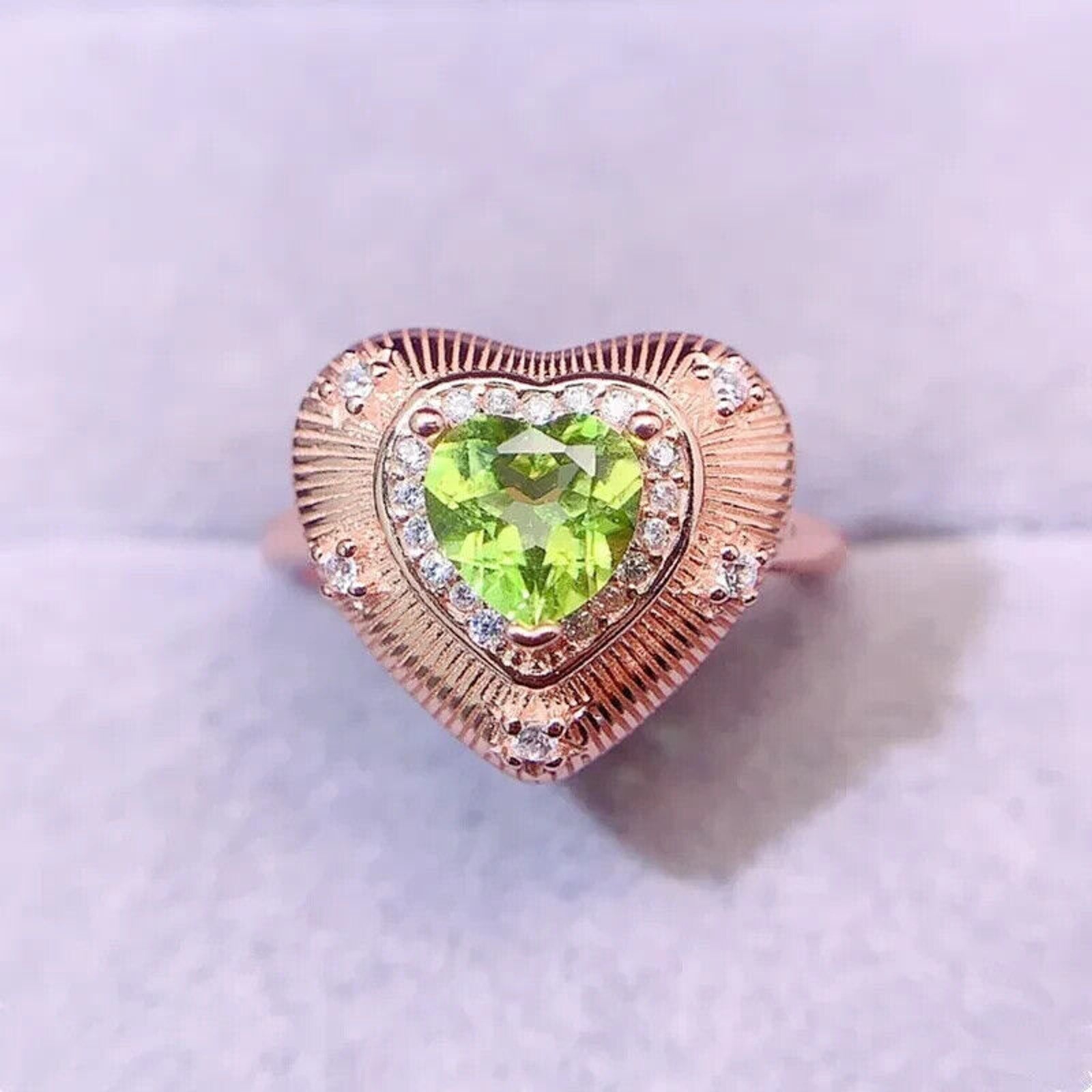 Natural Peridot Gemstone Heart Statement Ring 6mm, August Birthstone Peridot