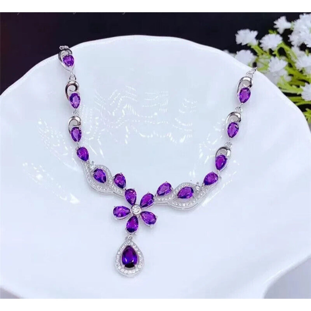 Natural Amethyst Statement Necklace, Amethyst Flower Necklace 925 Sterling