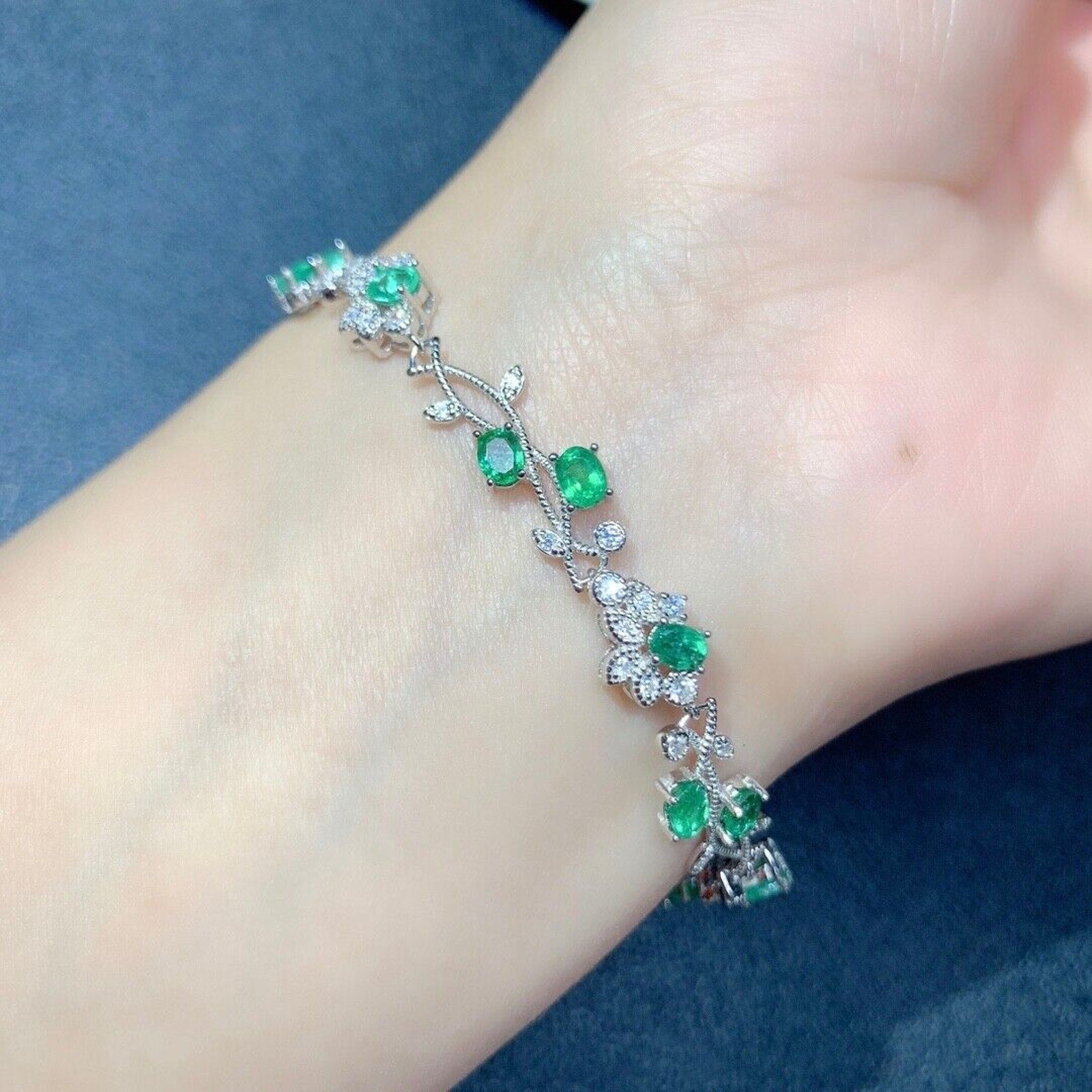 Colombian Emerald Dainty Floral Bracelet on 925 Sterling Silver, 12pc 3x4mm
