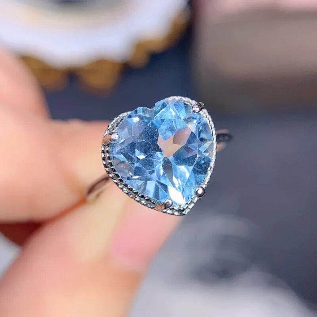 Swiss Blue Topaz Gemstone Heart Ring 7mm