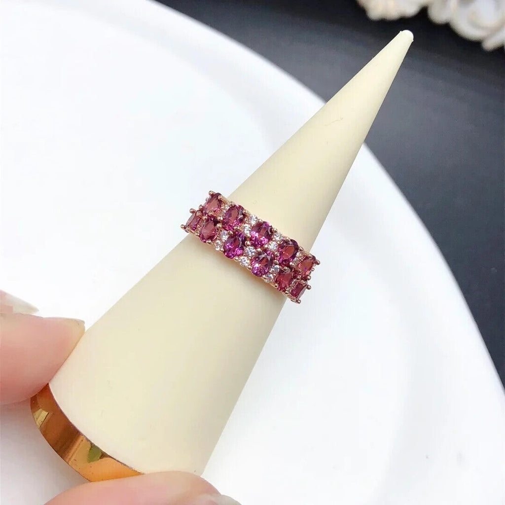 Natural Pink Garnet Double Layer Band Ring 3x4mm Platinum Plated Sterling