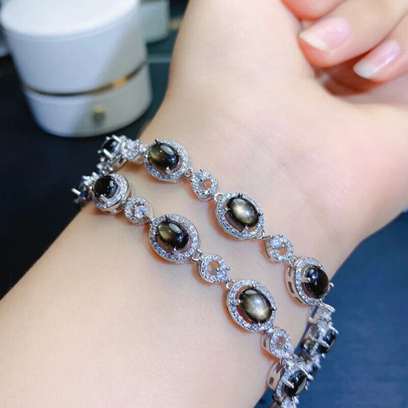 Star Sapphire Bracelet, Natural Star Sapphire Tennis Bracelet 925 Sterling