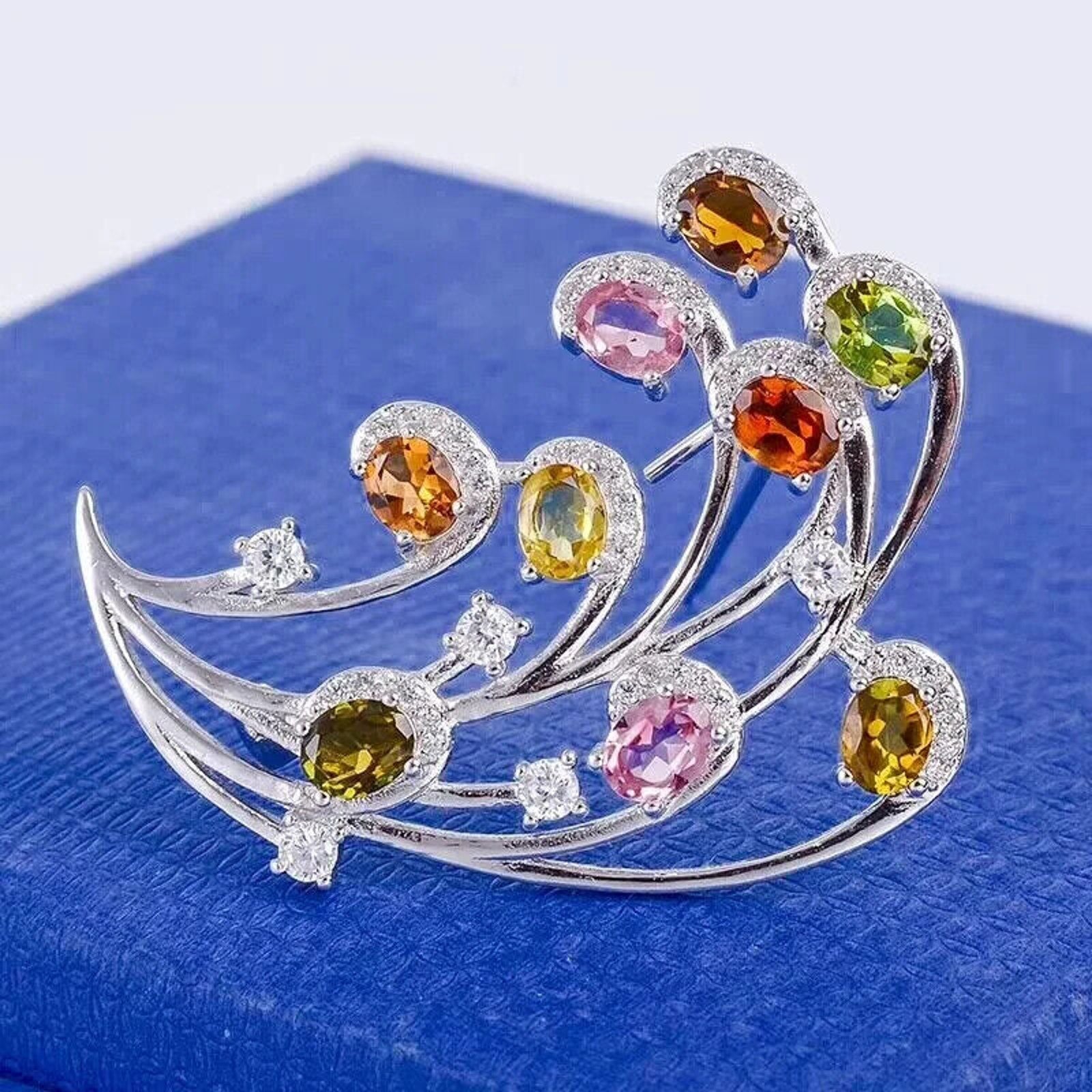 Natural Brazilian Tourmaline Gemstone Brooch 925 Sterling Silver