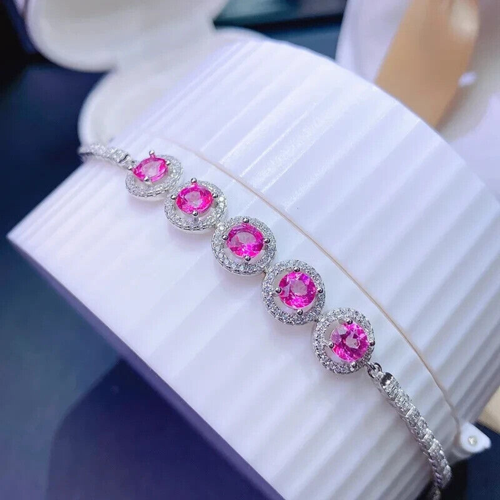 Natural Pink Topaz Gemstone Tennis Bracelet 5mm Platinum Plated Sterling