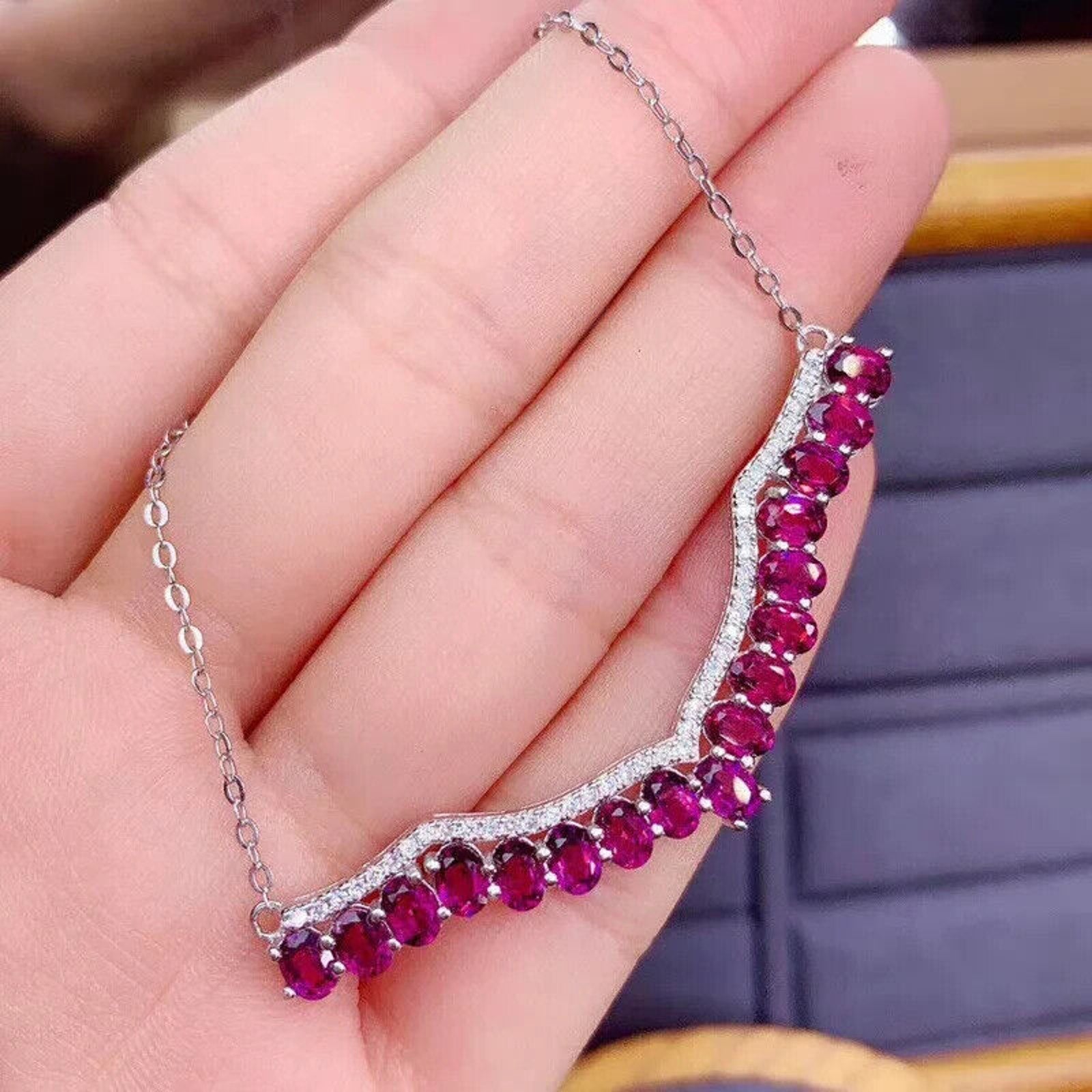 Natural Garnet Clavicle Chain Necklace, Garnet Chain Necklace 925 Sterling