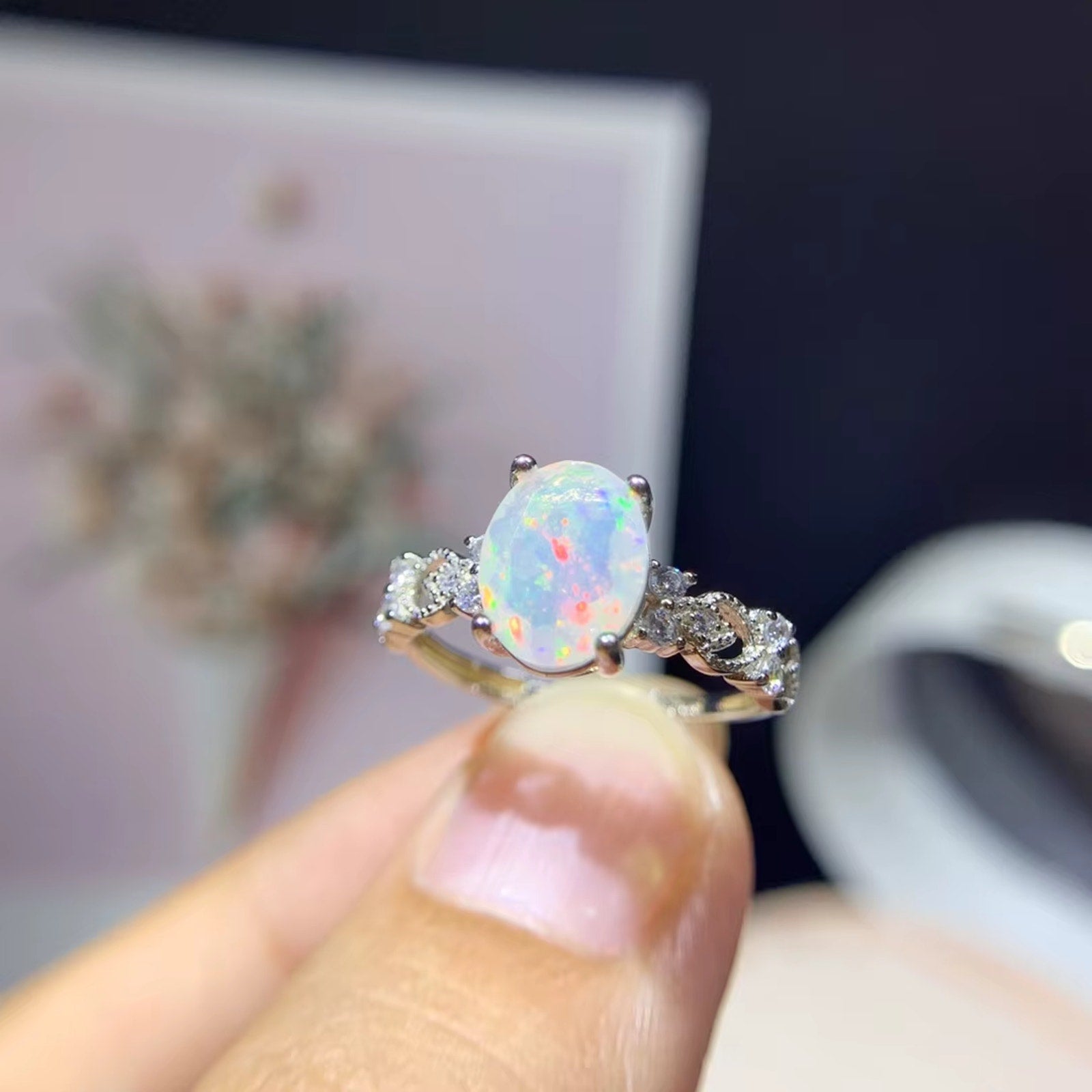 Rainbow Fire Opal Ring 925 Sterling Silver 7x9mm Ring Gifts Natural Fire Opal