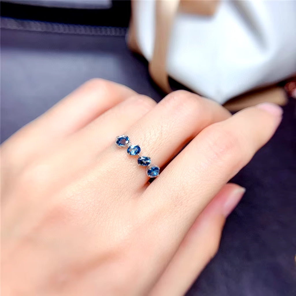 London Blue Topaz Band Ring, Natural London Blue Topaz Gemstone Ring Sterling