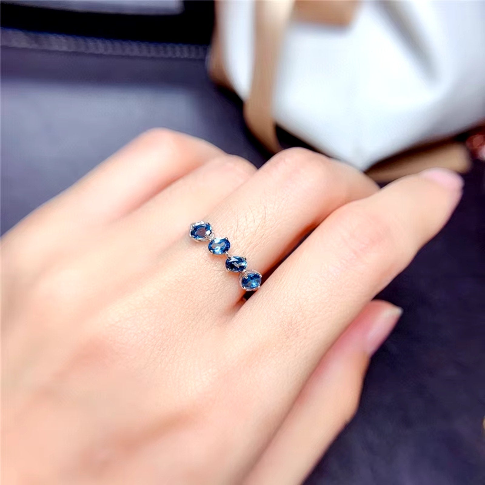 London Blue Topaz Band Ring, Natural London Blue Topaz Gemstone Ring Sterling