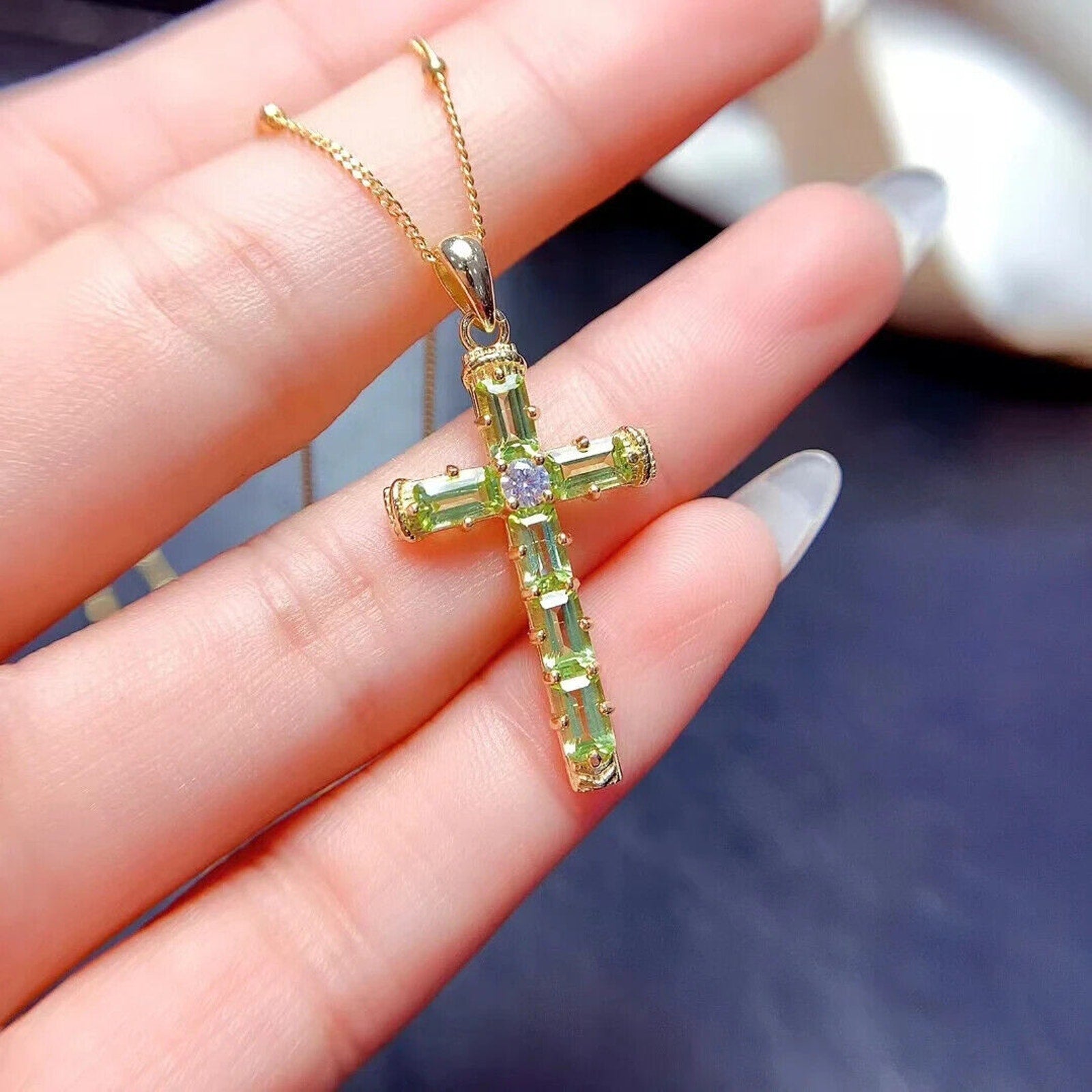 August Birthstone Peridot Gemstone Cross Necklace 3x5mm