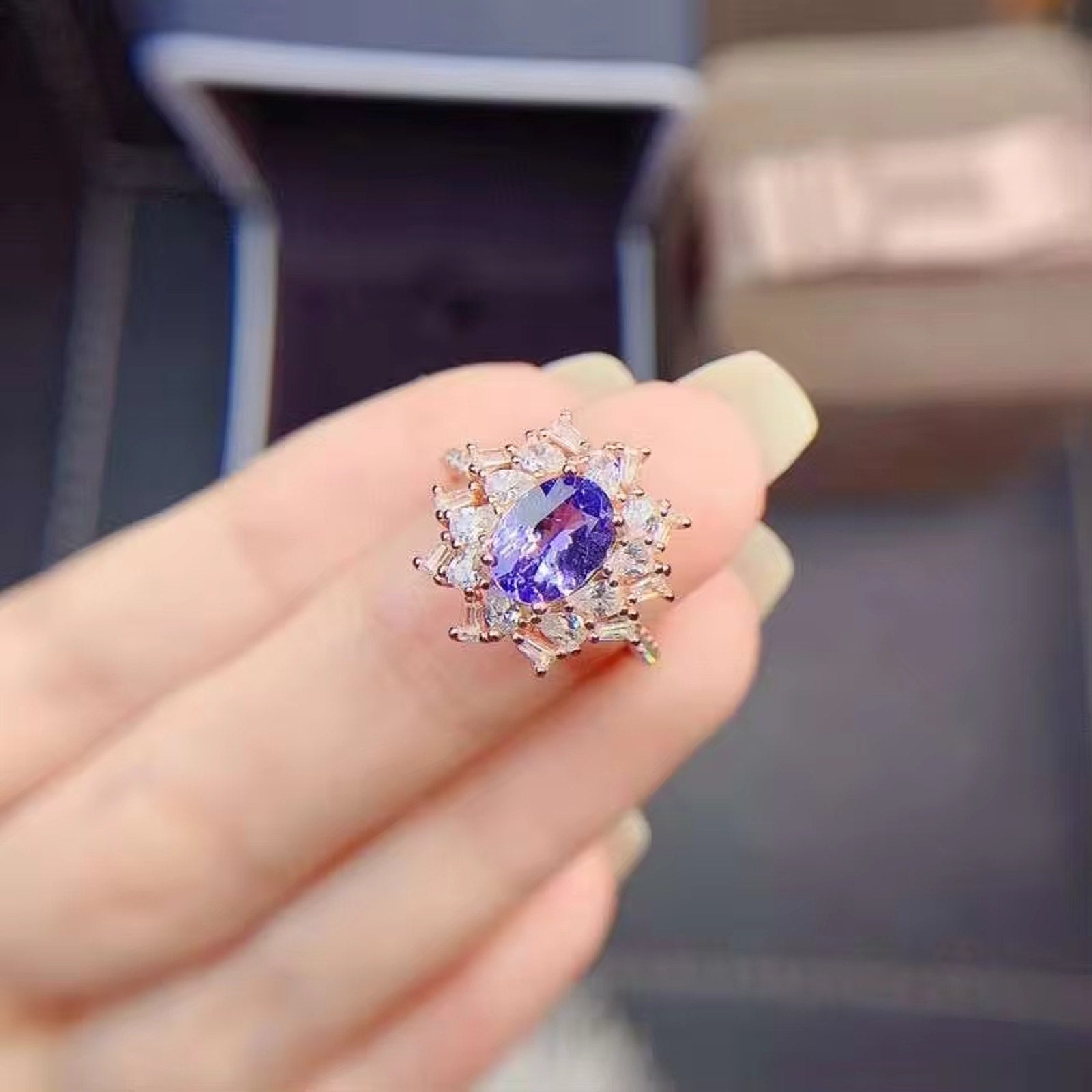 Tanzanite Ring, Natural Purple Tanzanite Ring Sterling Silver 6x8mm Tanzanite