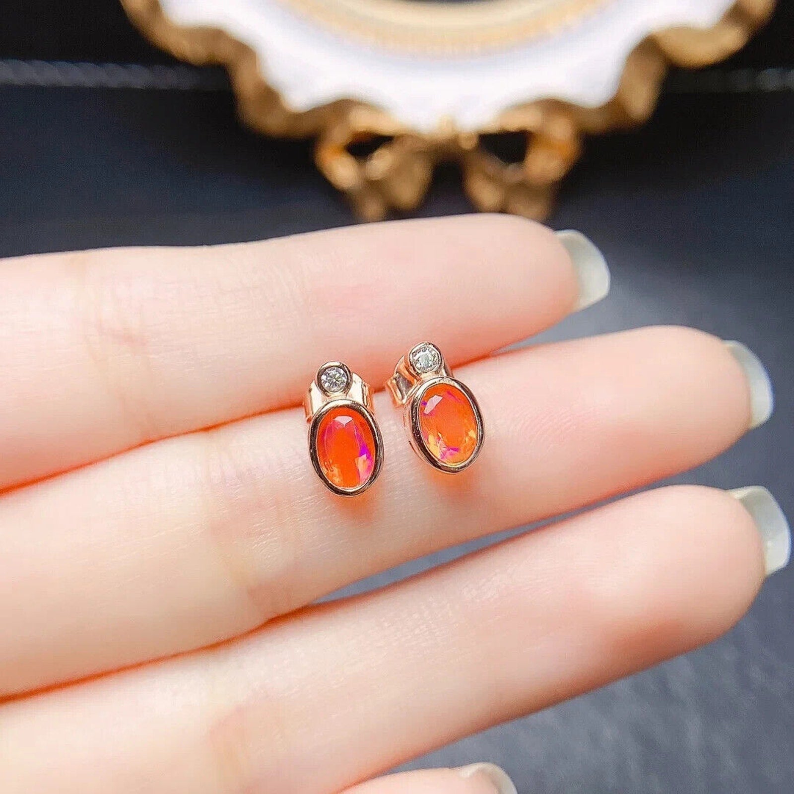 Orange Fire Opal Stud Earrings 5x7mm, Natural Orange Fire Opal Earrings