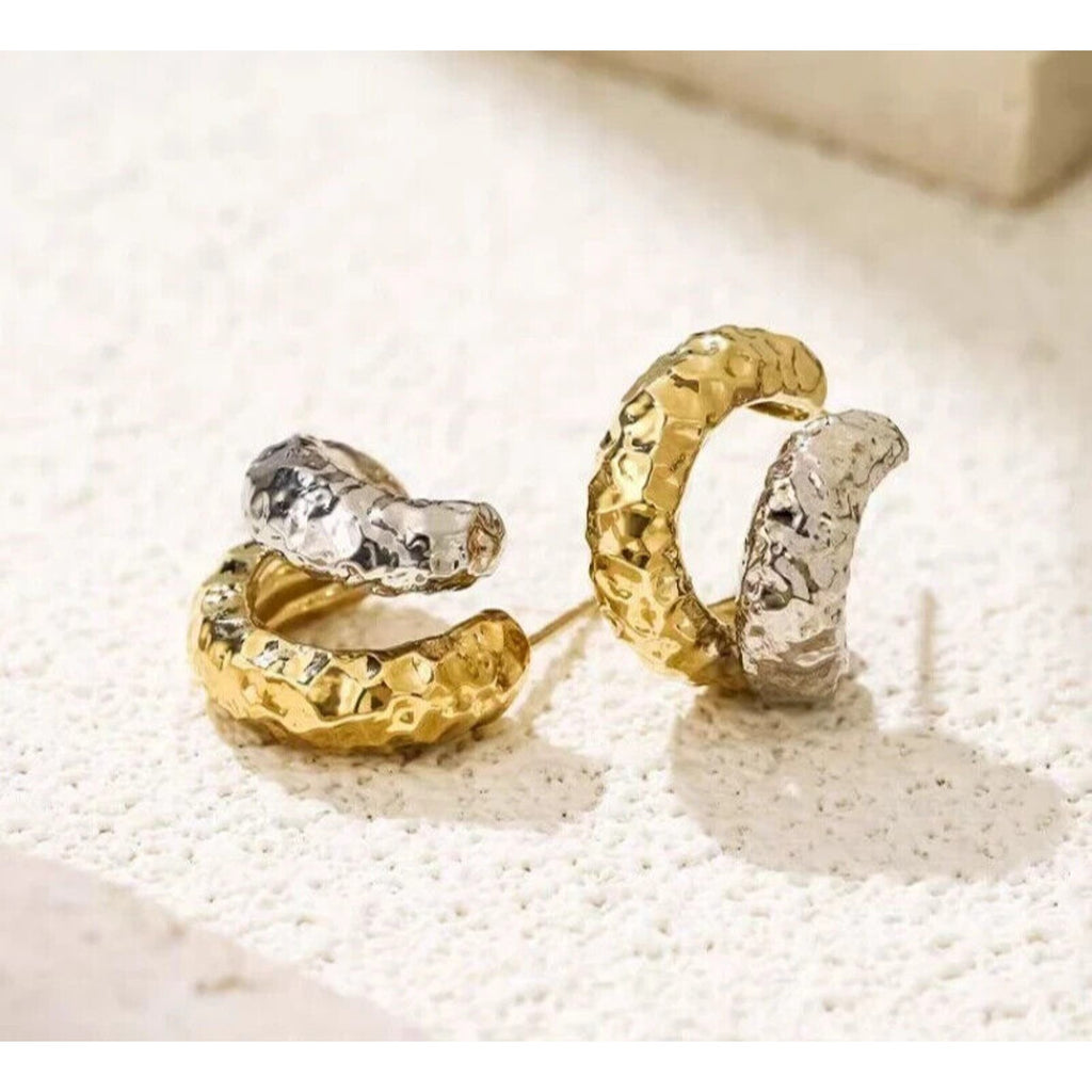 18k Yellow and White Gold Textured Cuff Earrings, Solid Gold Hoop Stud Earrings