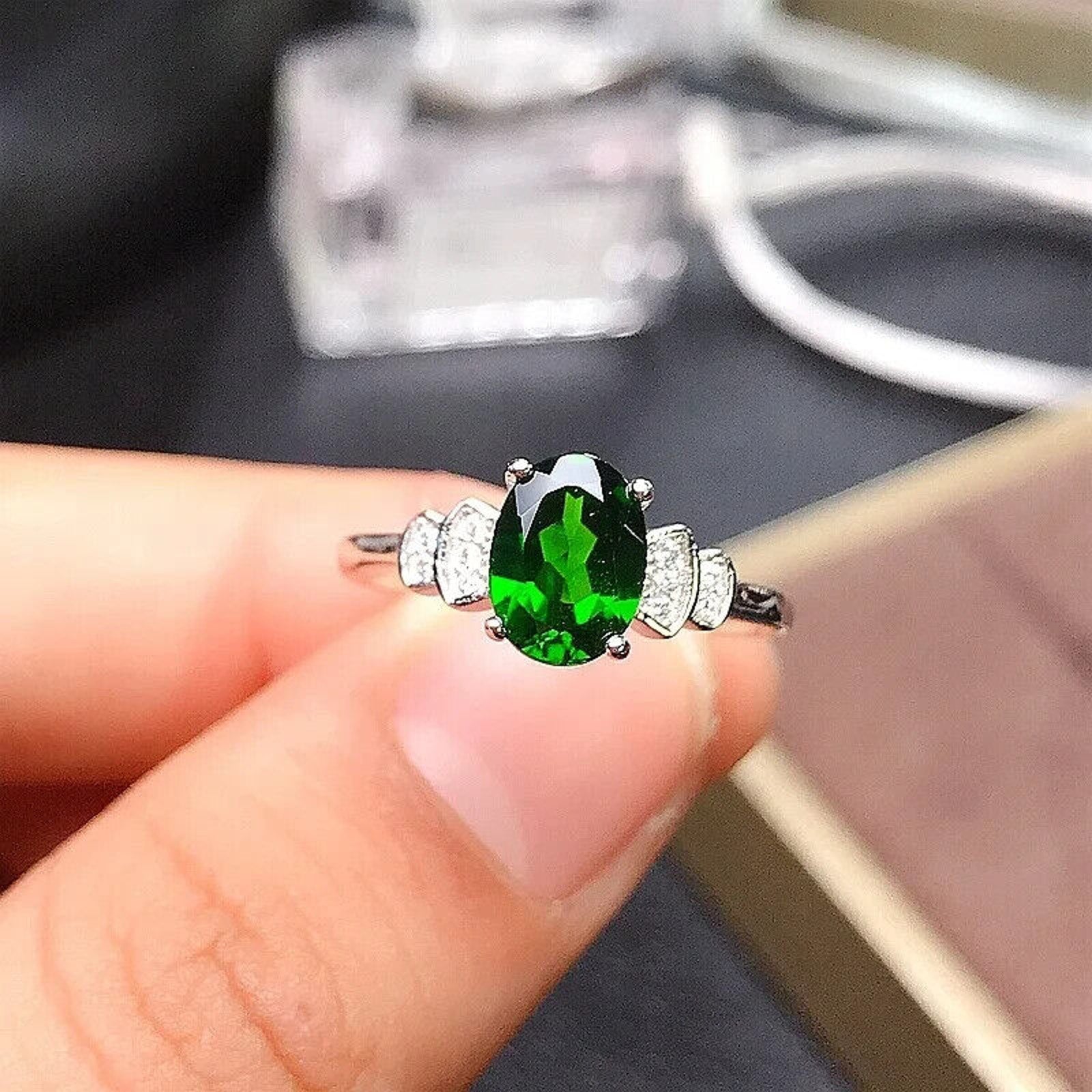 Chrome Diopside Cocktail Ring, Women's Chrome Diopside Ring 6x8mm