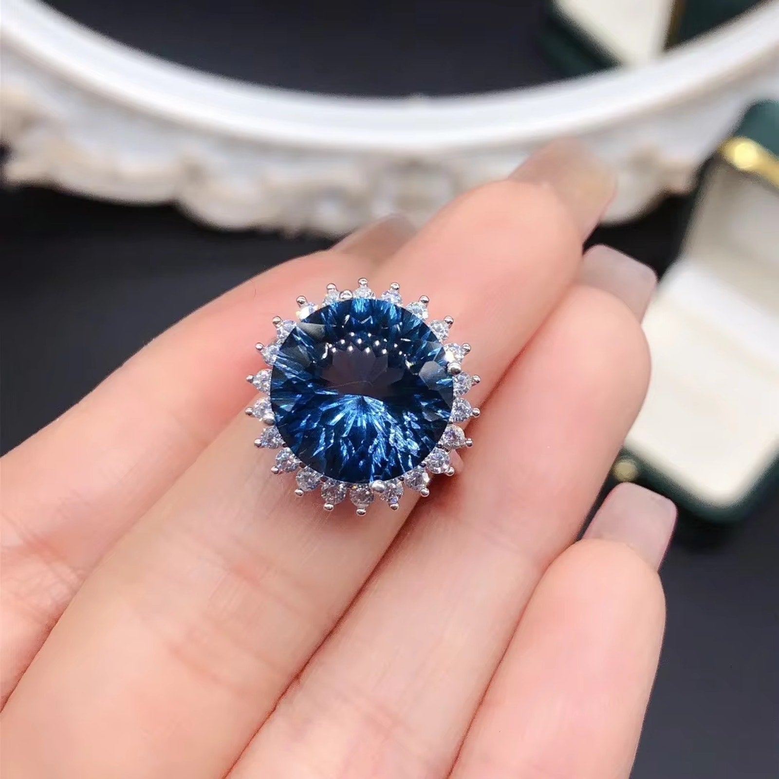 12Ct Firework Cut London Blue Topaz Halo Engagement Ring 925 Sterling Silver