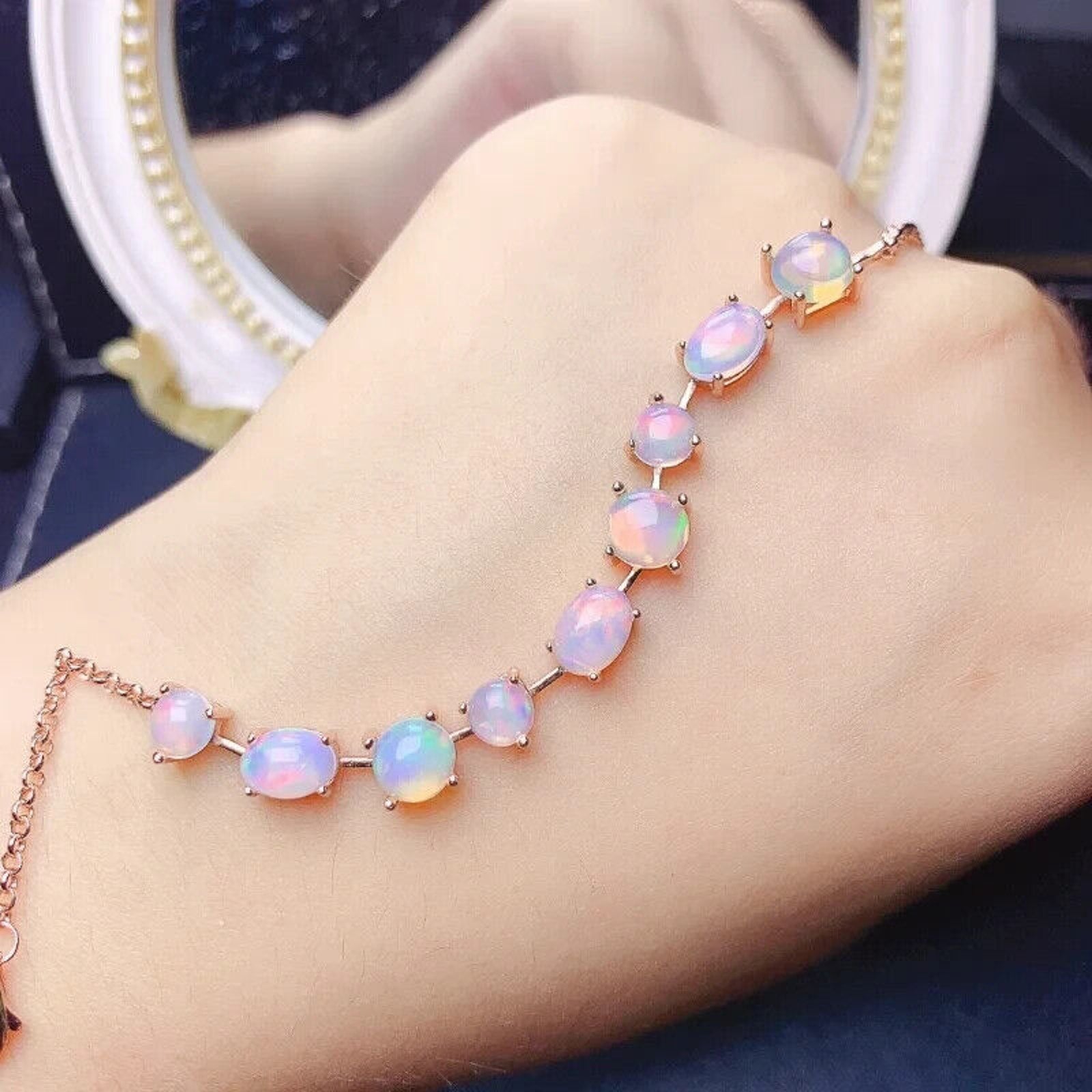 Australian Fire Opal Bracelet 925 Sterling Silver, Fire Opal Chain Bracelet