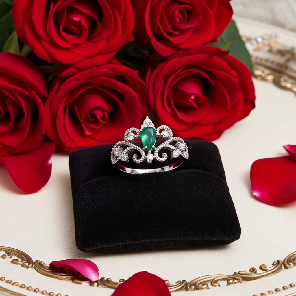 Natural Colombian Emerald Lace Cocktail Ring, Emerald Ring Sterling Silver 4x6mm