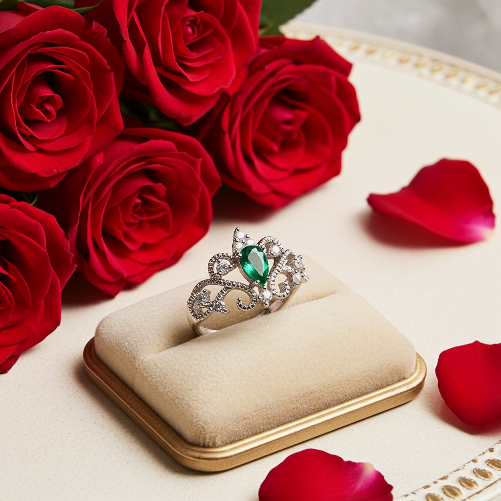 Natural Colombian Emerald Lace Cocktail Ring, Emerald Ring Sterling Silver 4x6mm