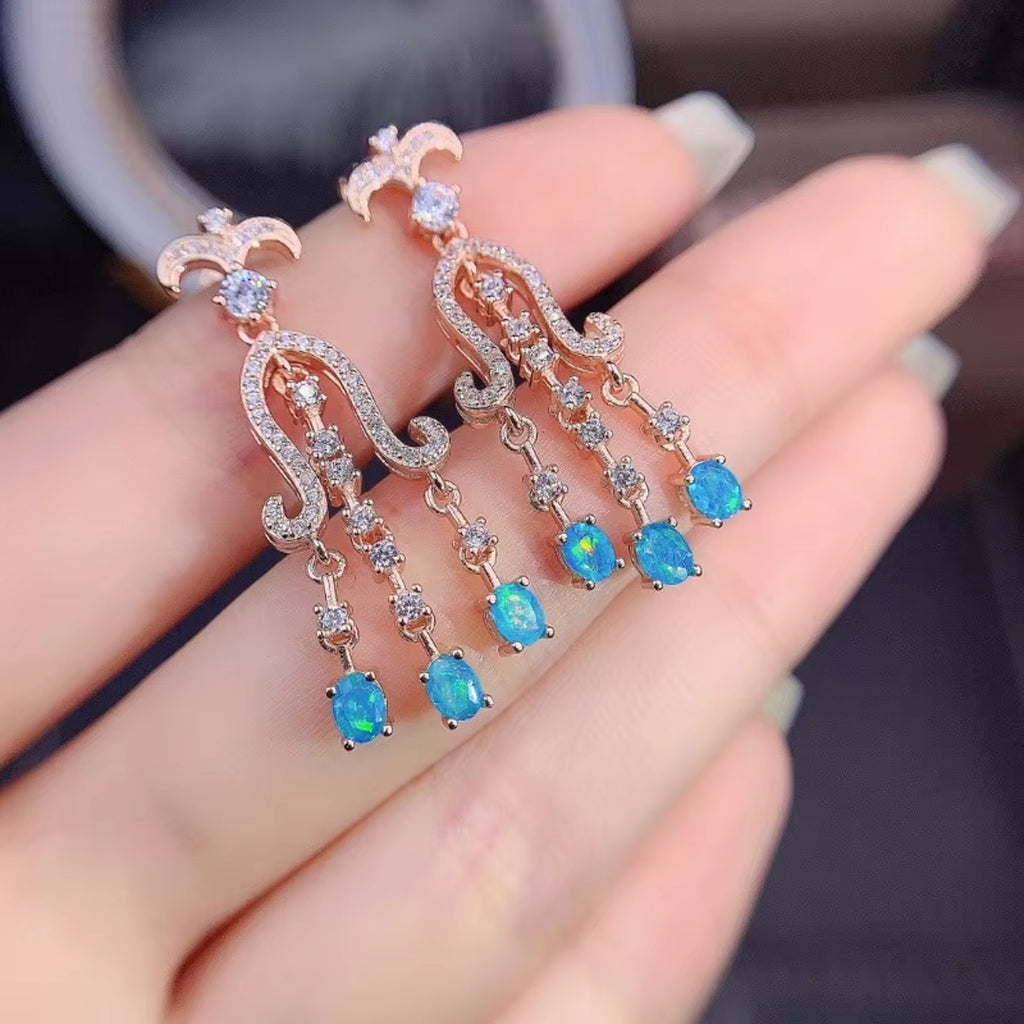 Natural 2.00 Carat Opal Oval Shape Stud, Blue Opal Chandelier Earrings