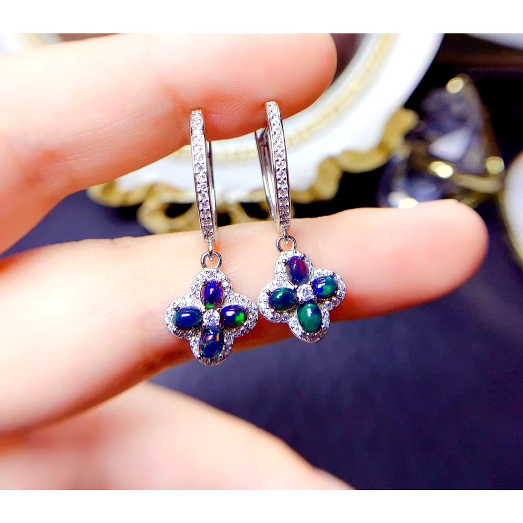 Black Fire Opal Hoop Earrings, Colorful Fire Opal Earrings 925 Sterling Silver