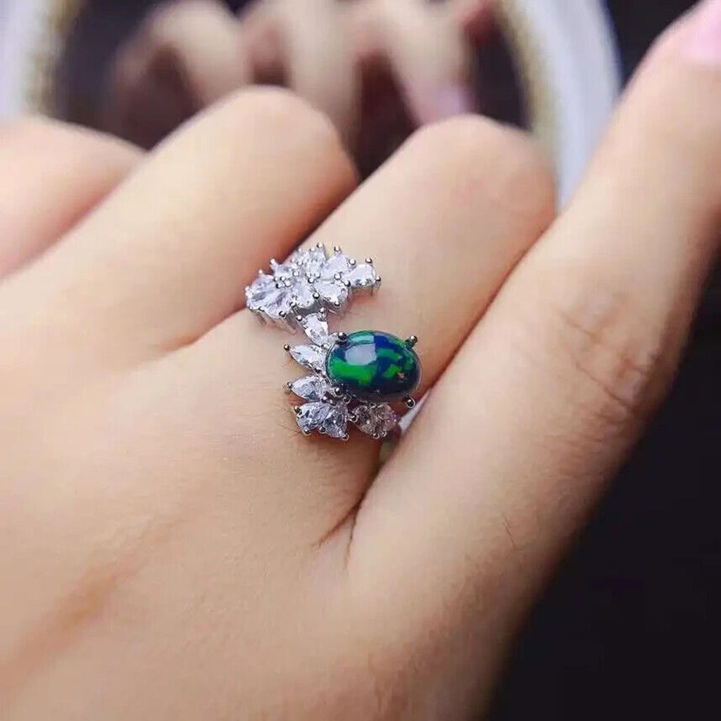Black Fire Opal and Crystal Cocktail Ring, Natural Fire Opal Cluster Ring