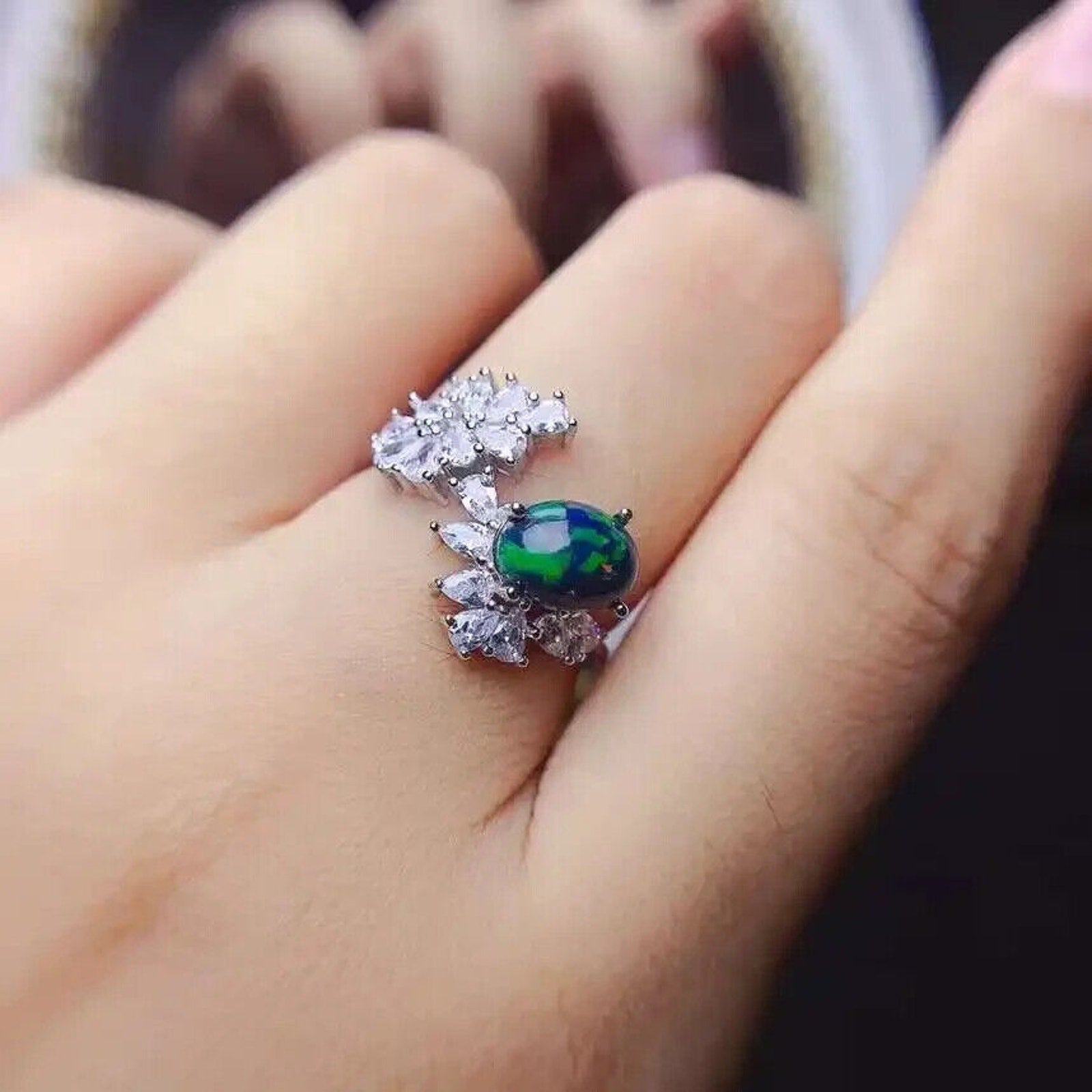 Black Fire Opal and Crystal Cocktail Ring, Natural Fire Opal Cluster Ring