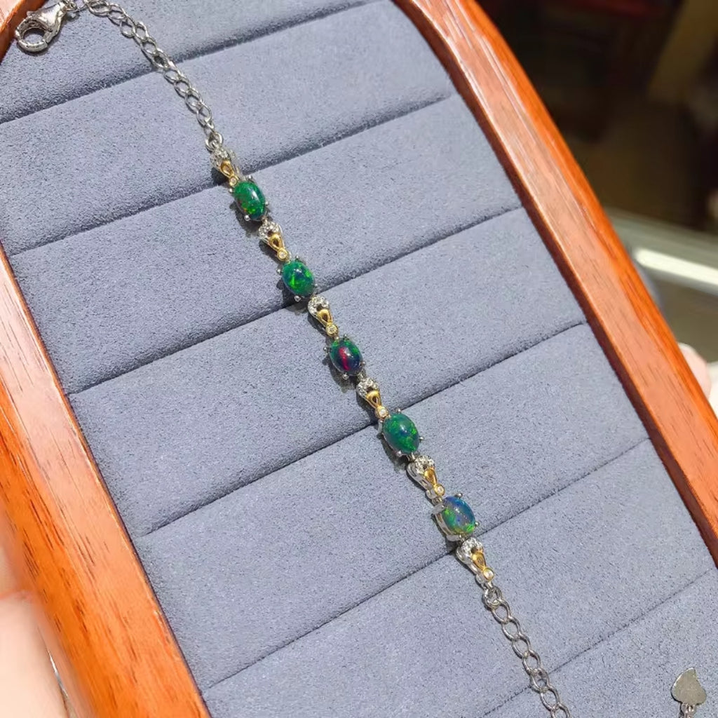 Black Fire Opal Chain Bracelet 925 Sterling Silver, Black Opal Chain Bracelet