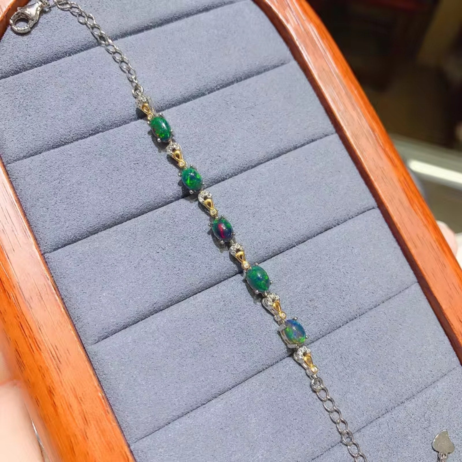 Black Fire Opal Chain Bracelet 925 Sterling Silver, Black Opal Chain Bracelet