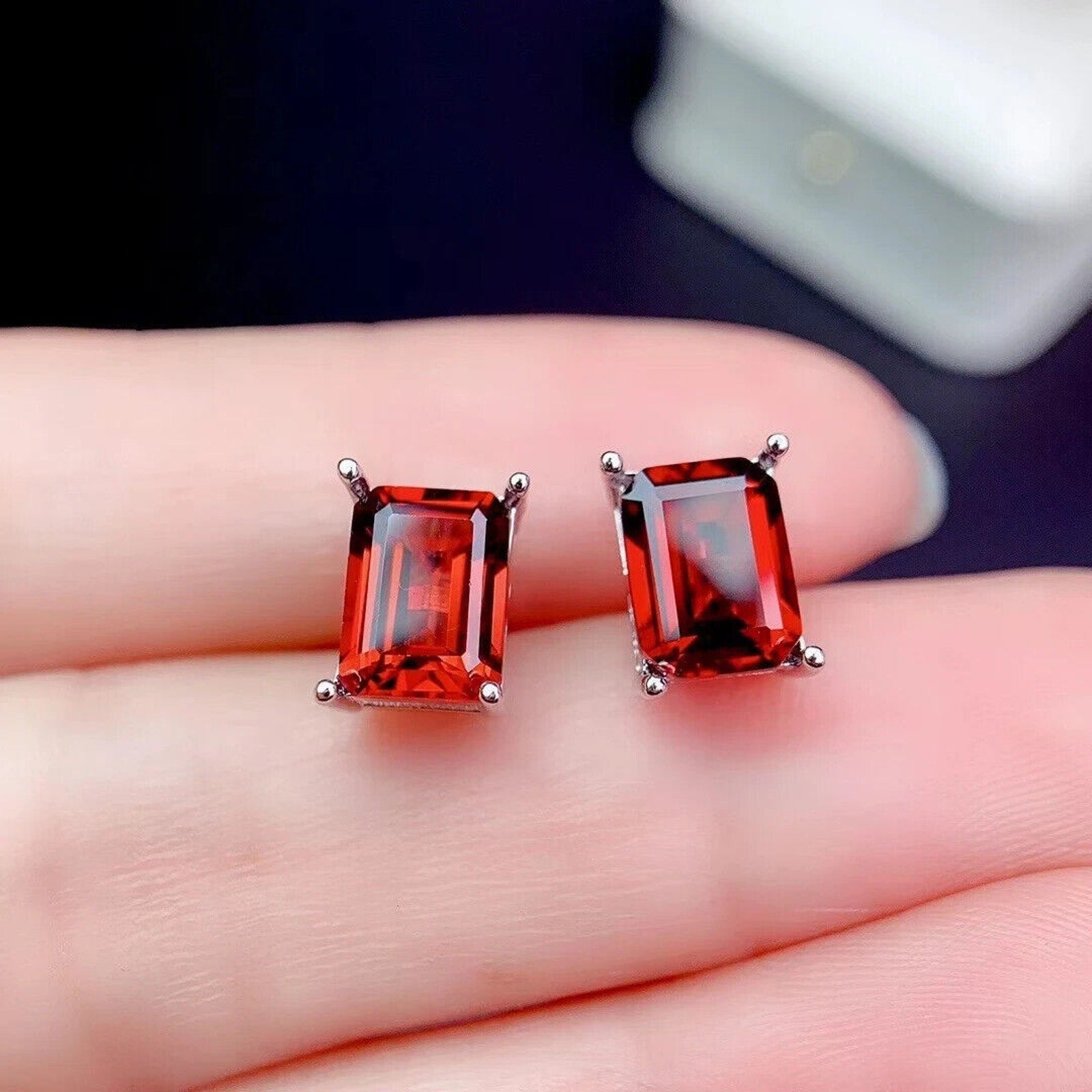 Natural Red Garnet Stud Earrings 6x8mm Platinum Plated, Red Garnet Stud Earrings