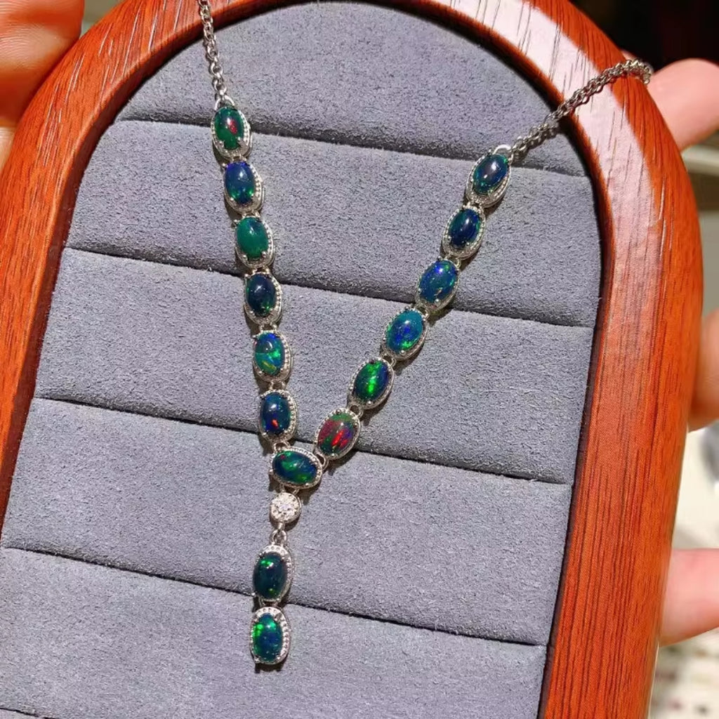 Black Fire Opal Statement Necklace, Natural Black Fire Opal Necklace 4x6mm