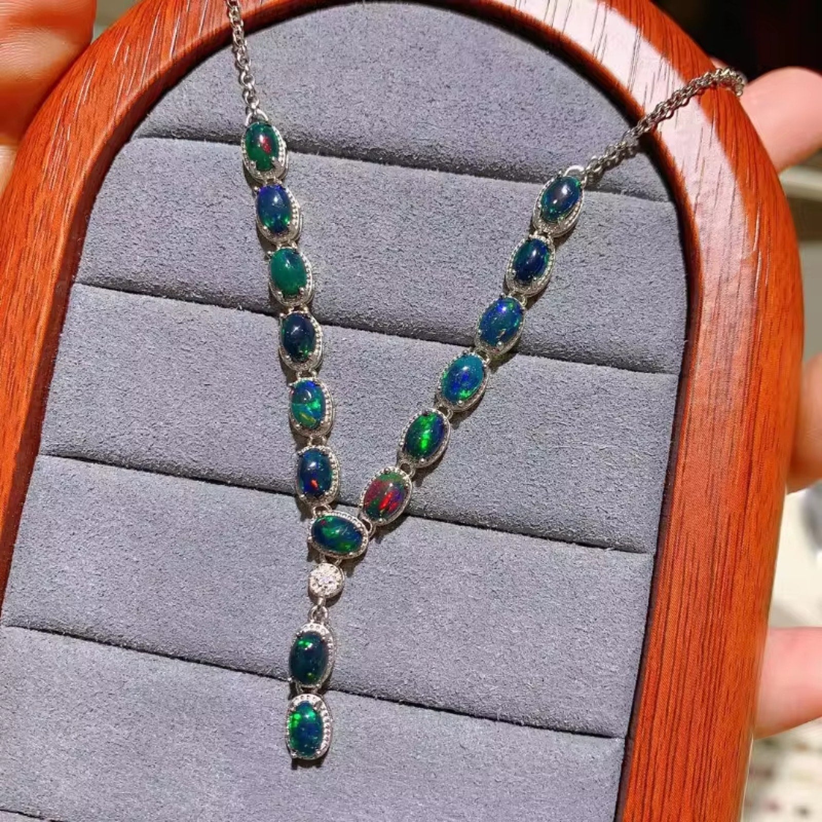 Black Fire Opal Statement Necklace, Natural Black Fire Opal Necklace 4x6mm