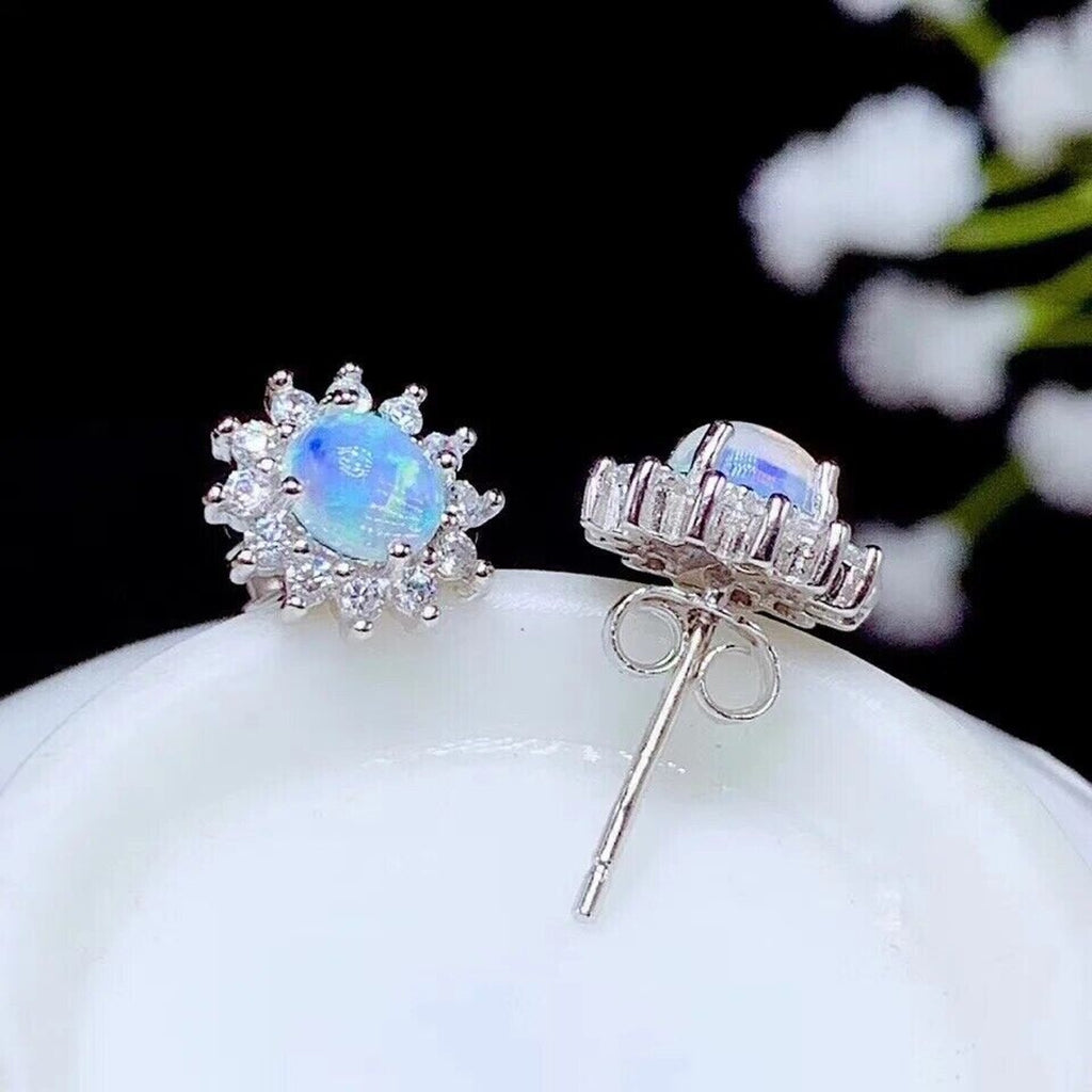 Stud Earrings Opal, Opal Gemstone Silver, Natural Opal Earrings 925 Sterling 4x5