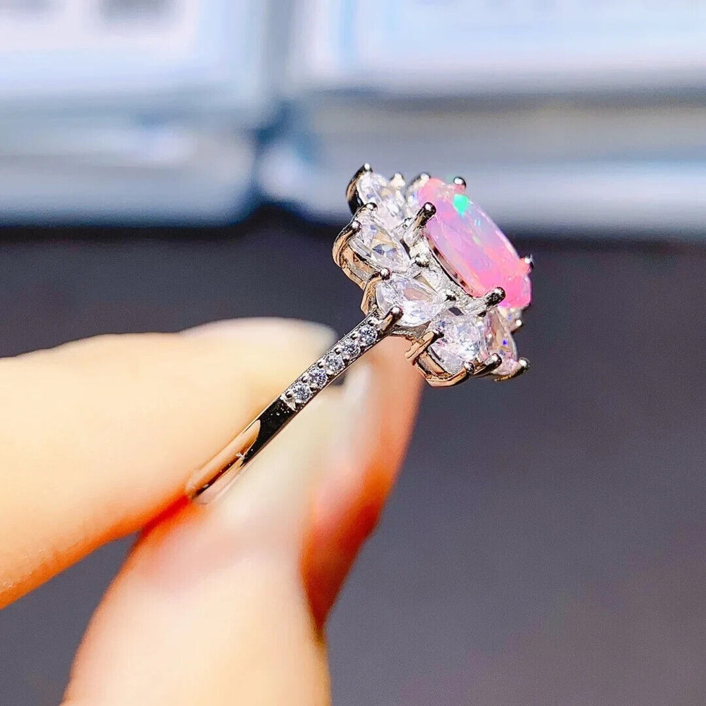 Pink Fire Opal Cluster Ring 5x8mm, Natural Pink Fire Opal Ring 925 Sterling