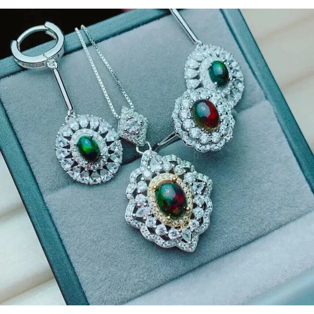 Natural Black Opal Jewelry Set, Black Opal Statement Necklace and Ring