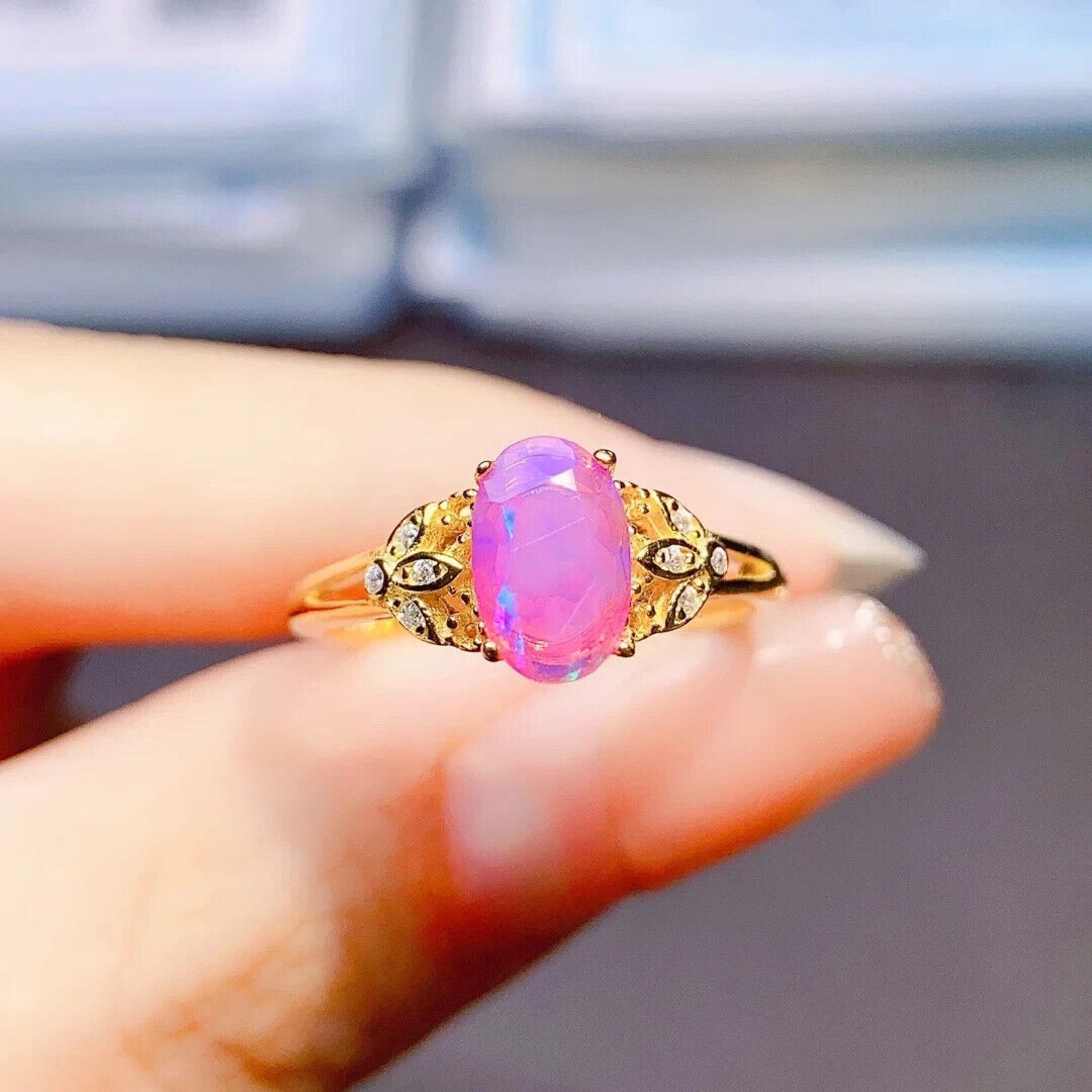 Pink Fire Opal Cluster Ring 5x8mm, Sterling Silver Natural Pink Fire Opal Ring