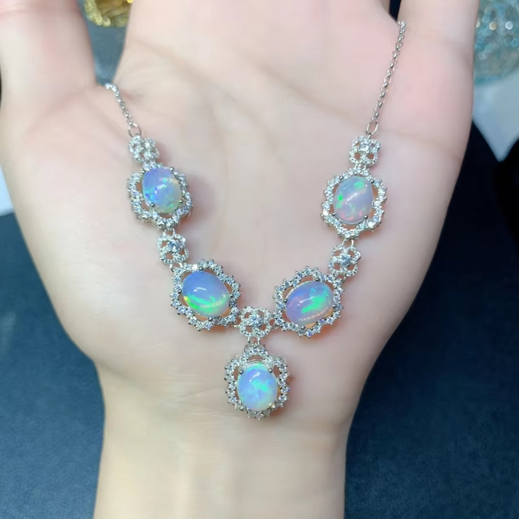 Natural Fire Opal Necklace, Women's Opal Necklace 925 Sterling Silver 7x9mm