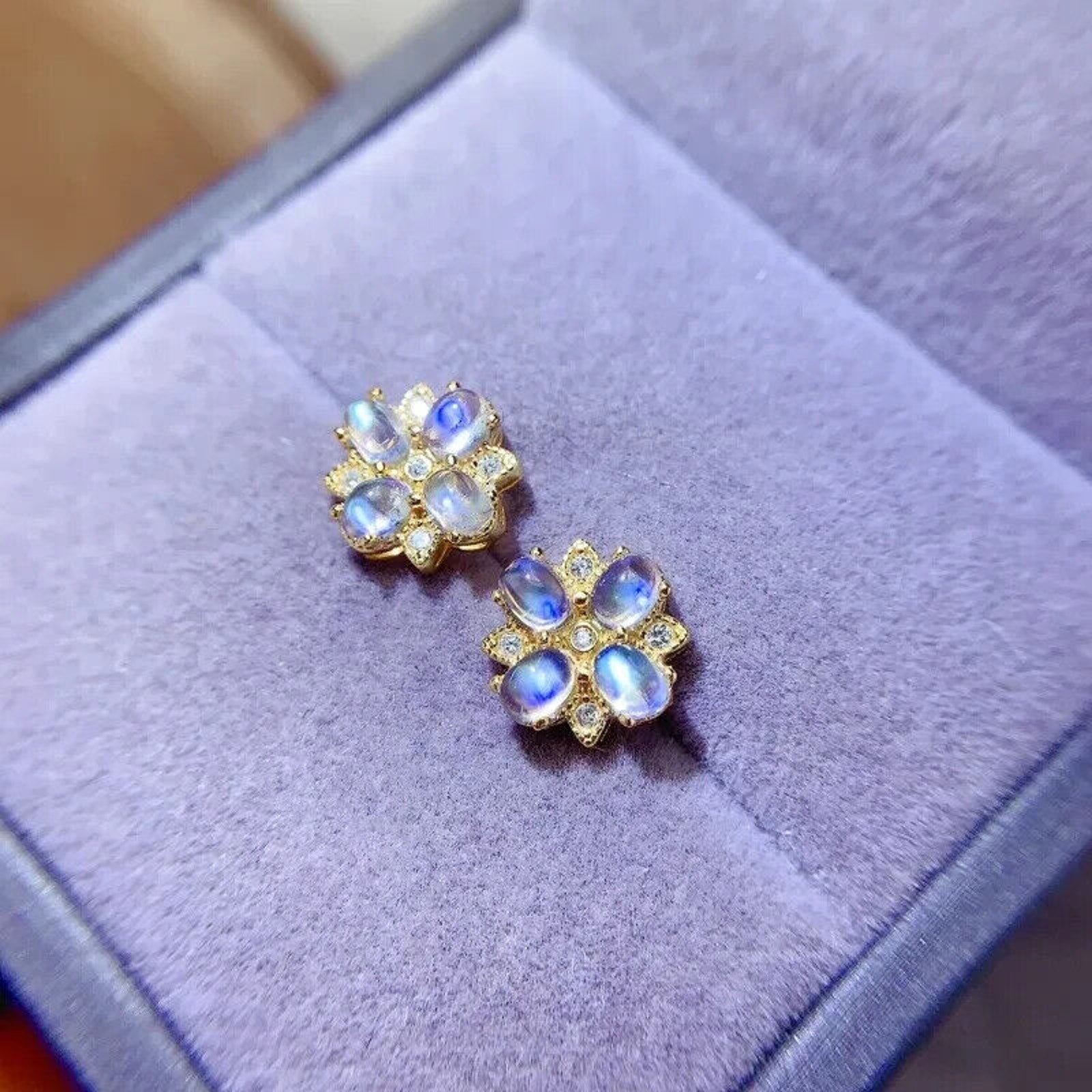 Natural Moonstone Cluster Stud Earrings 3x4mm, Moonstone Earrings 925 Sterling