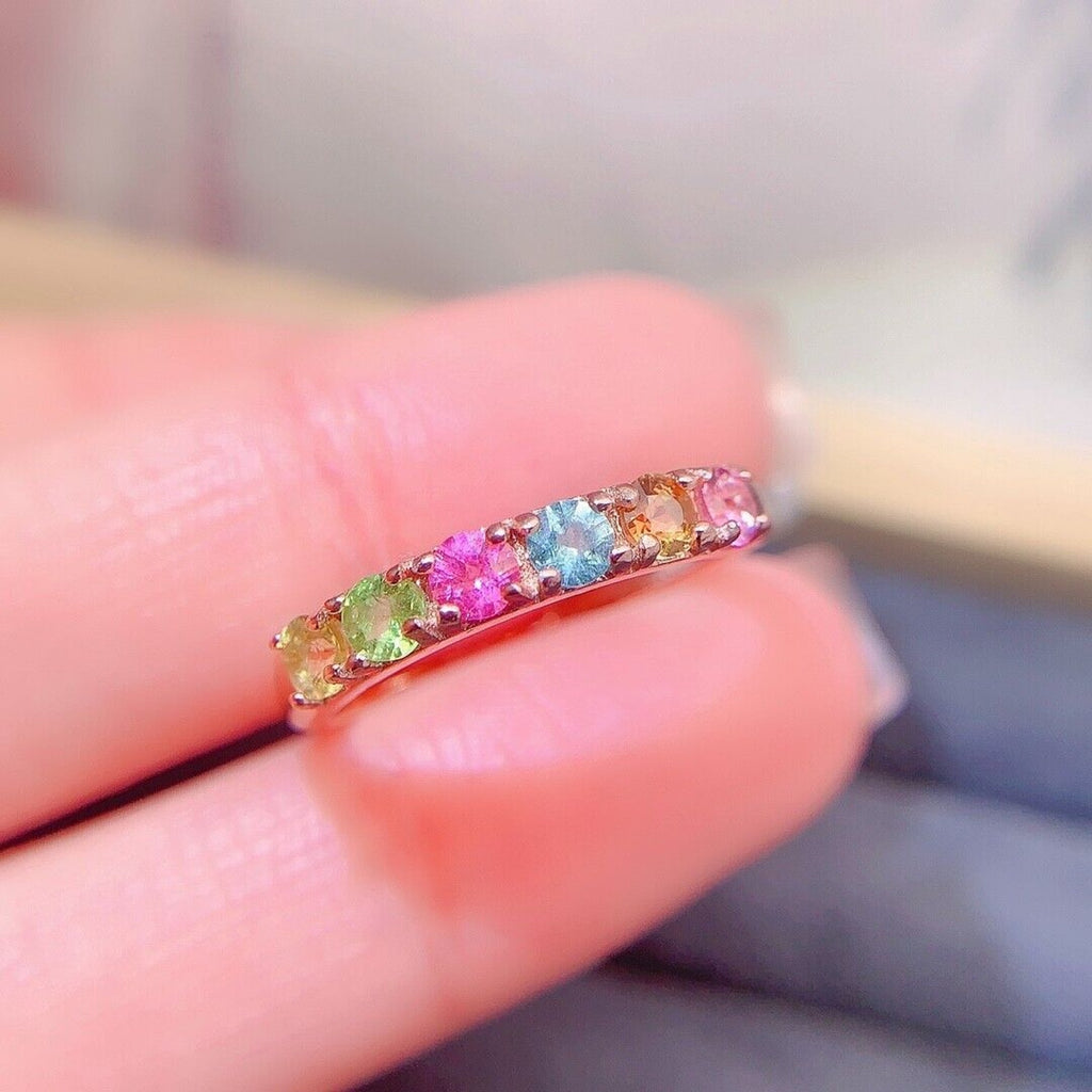 Natural Tourmaline Gemstone Band Ring, Women's Multicolor Tourmaline Band Ring