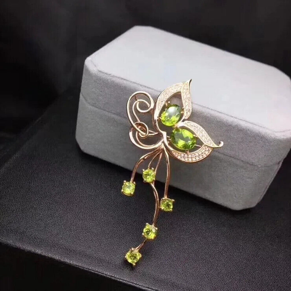 Natural Peridot Butterfly Brooch Pin 18k Rose Gold Plated, Peridot Brooch Pin
