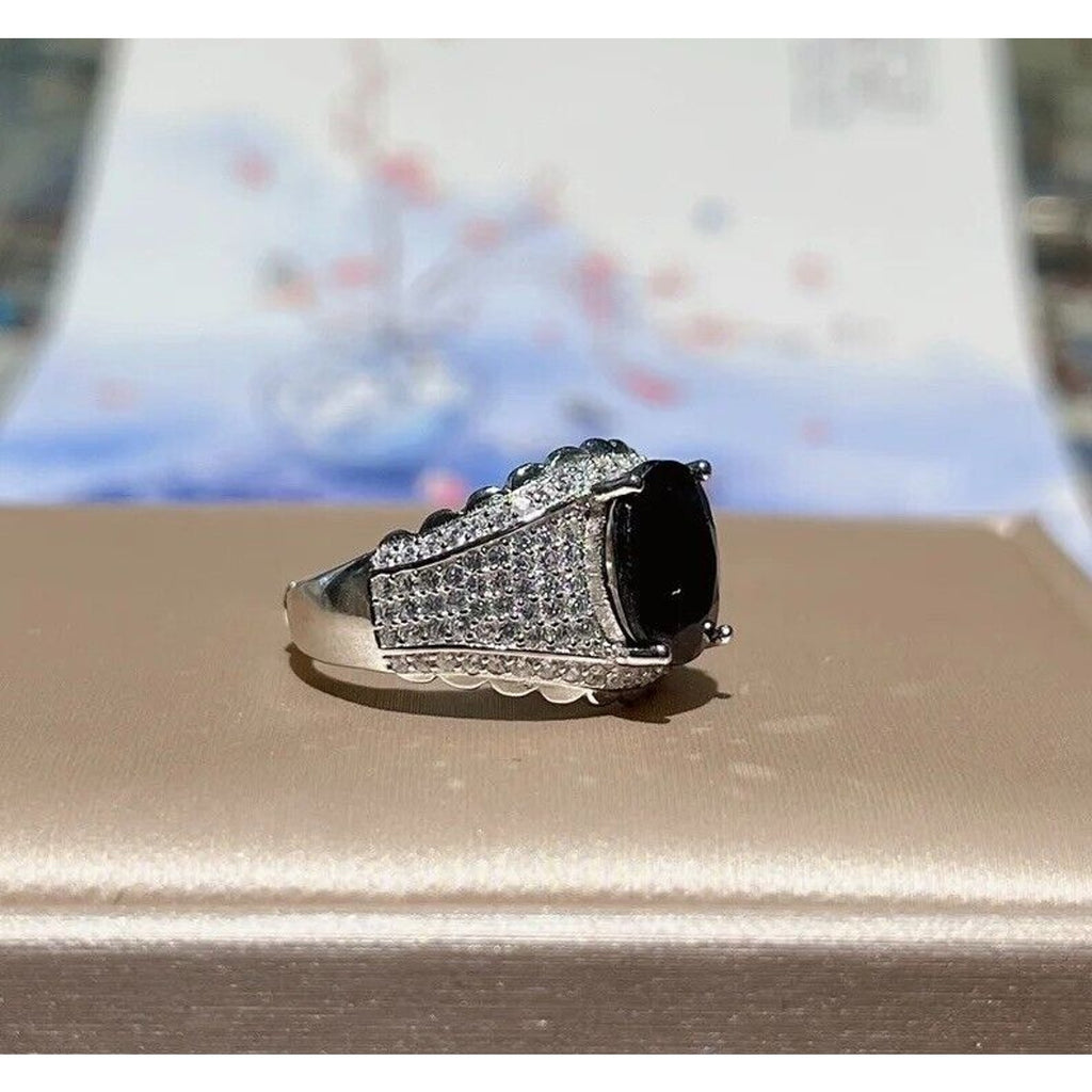 Mens Black Sapphire Cocktail Ring 8x10mm, Mens Sapphire Gemstone Rings