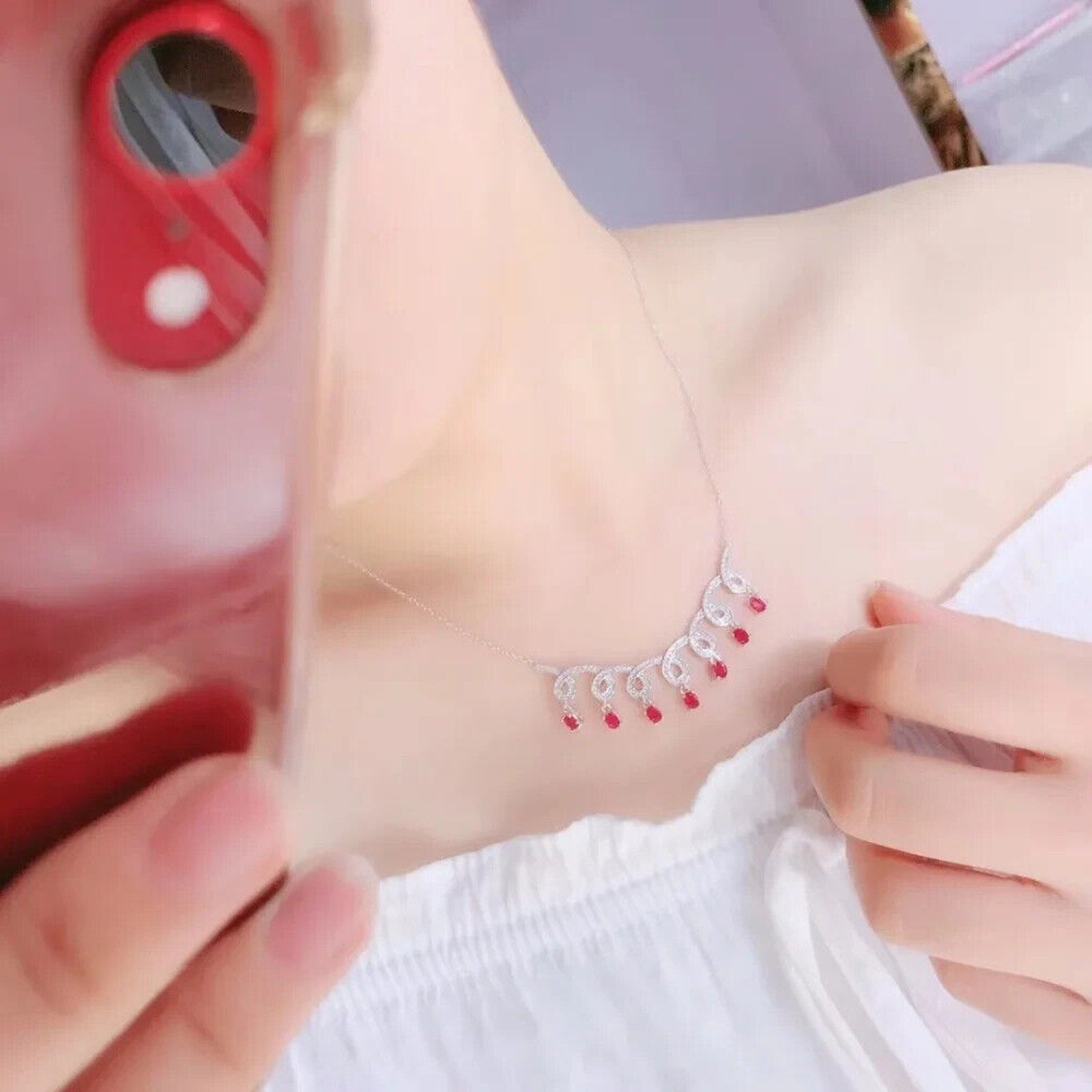 Natural Ruby Clavicle Chain Necklace, Genuine Ruby Charm Necklace 925 Sterling