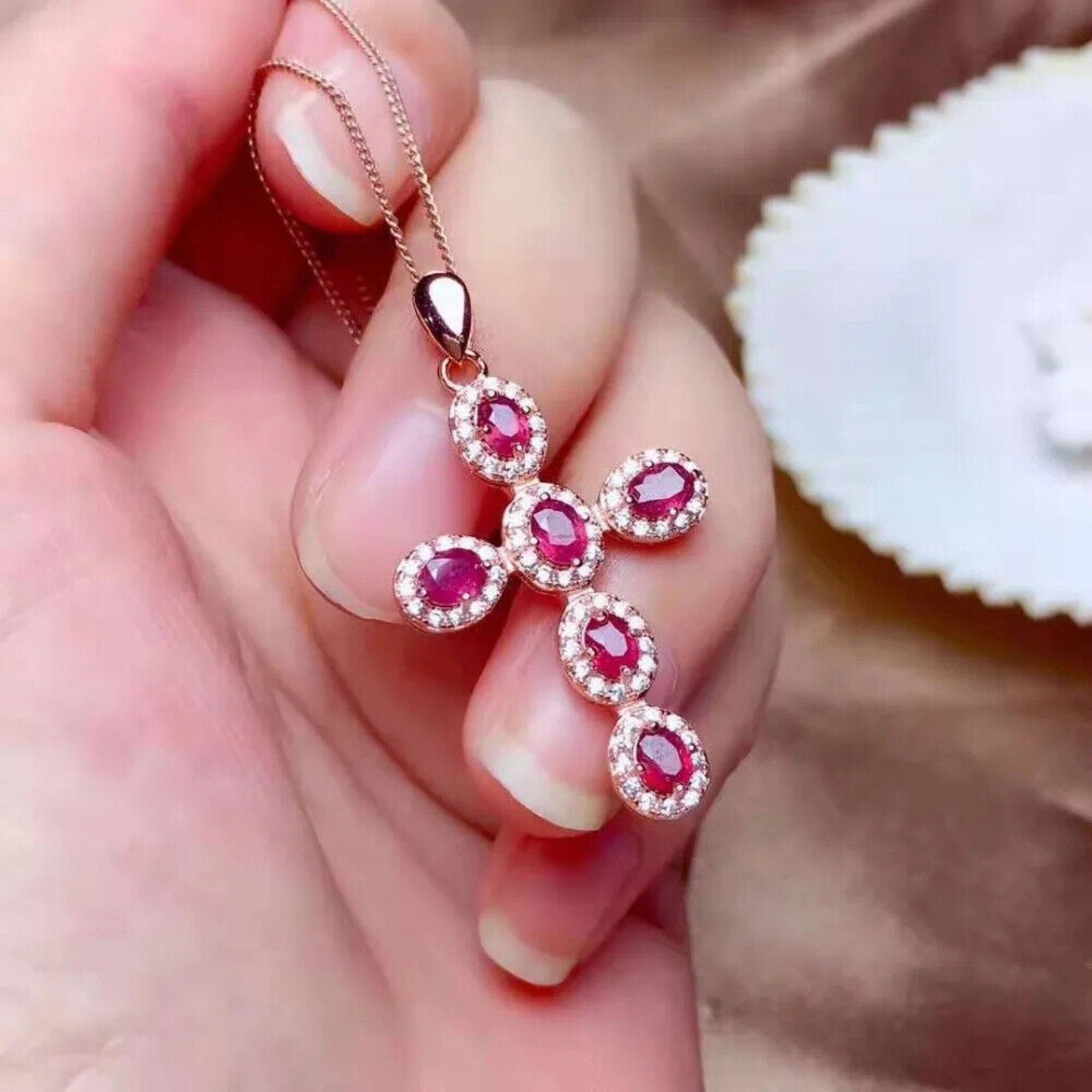 Natural Gemstone Cross Necklace, Ruby, Sapphire, Emerald, Moonstone, Aquamarine