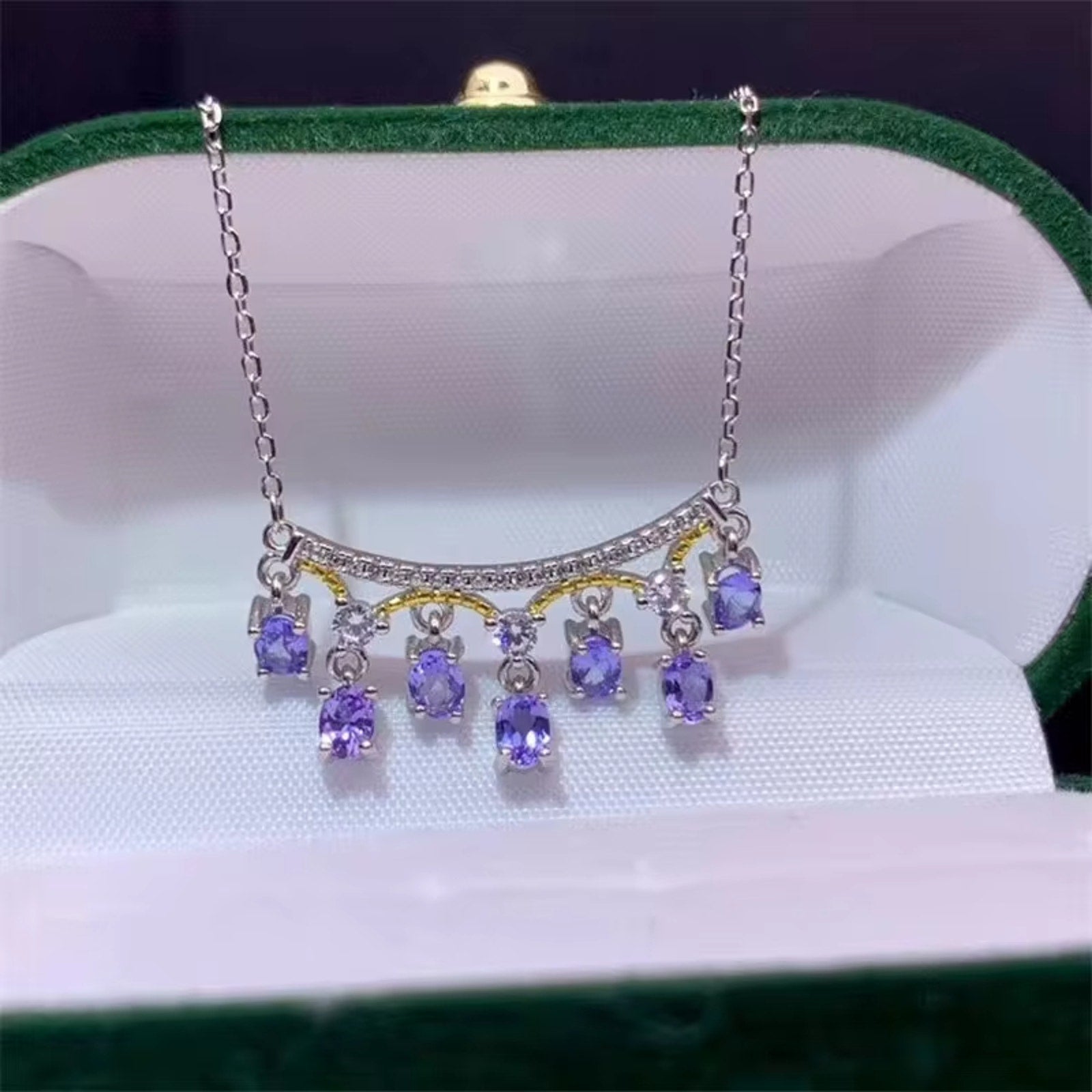 Tanzanite Necklace, Dainty Purple Tanzanite Charm Necklace Sterling Silver 3x4mm