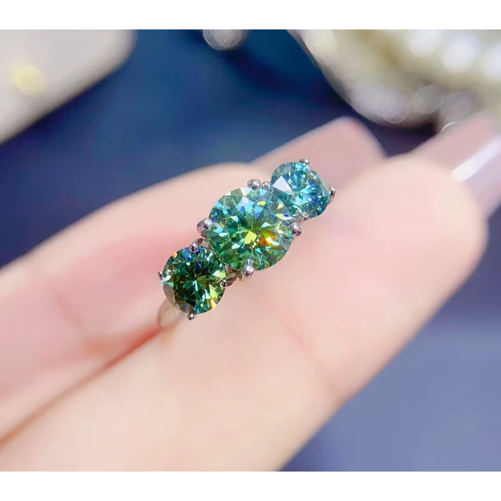 VVS1 3 Stone Green Moissanite Ring 925 Sterling Silver