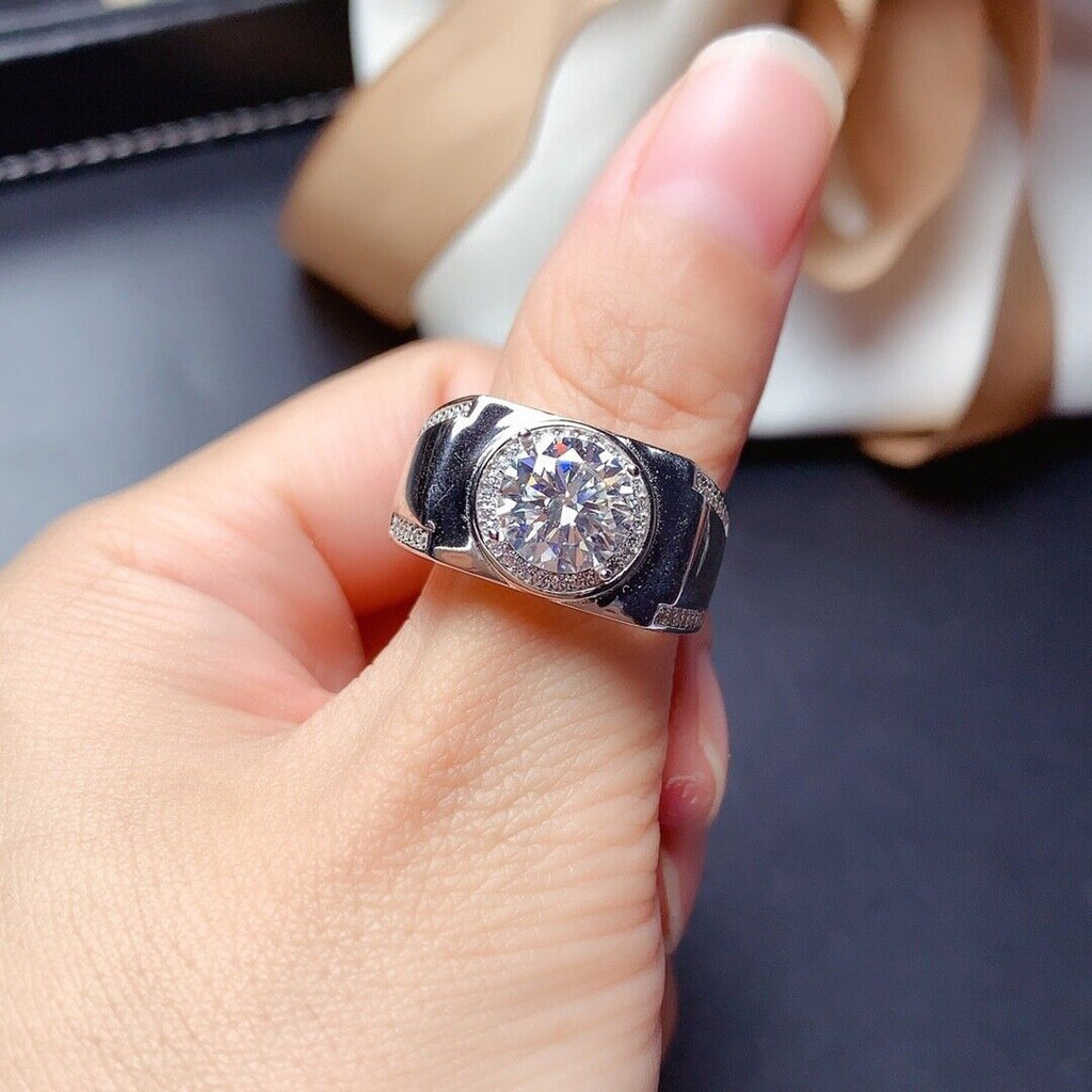 VVS1 2 CT Mens Moissanite Ring, Round Brilliant Cut D Color Moissanite