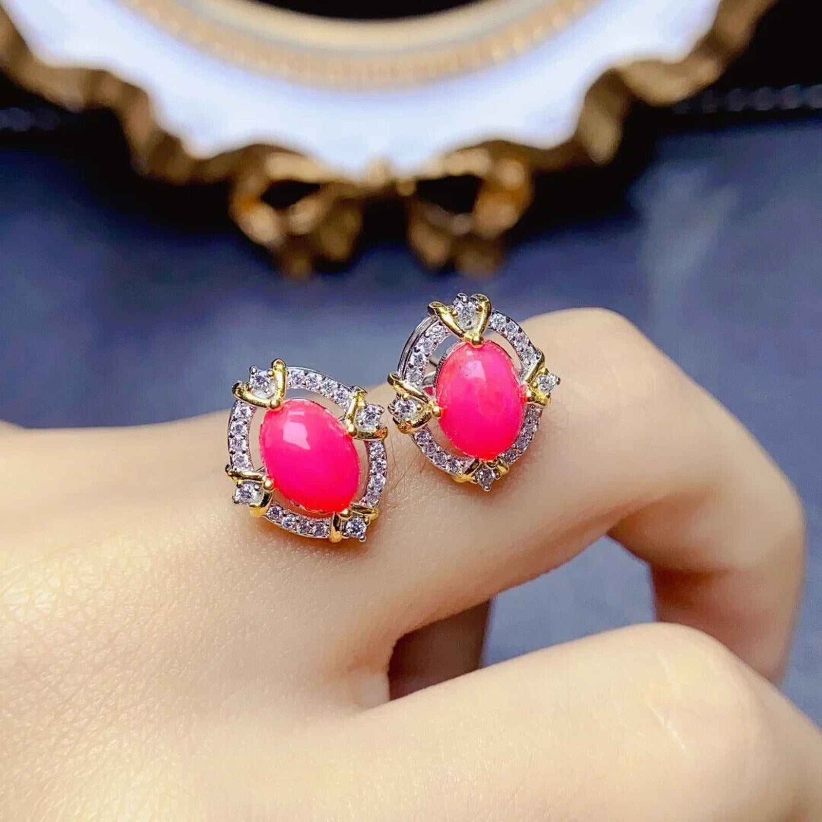 Pink Fire Opal Stud Earrings 6x8mm, Natural Pink Opal Earrings Sterling Silver