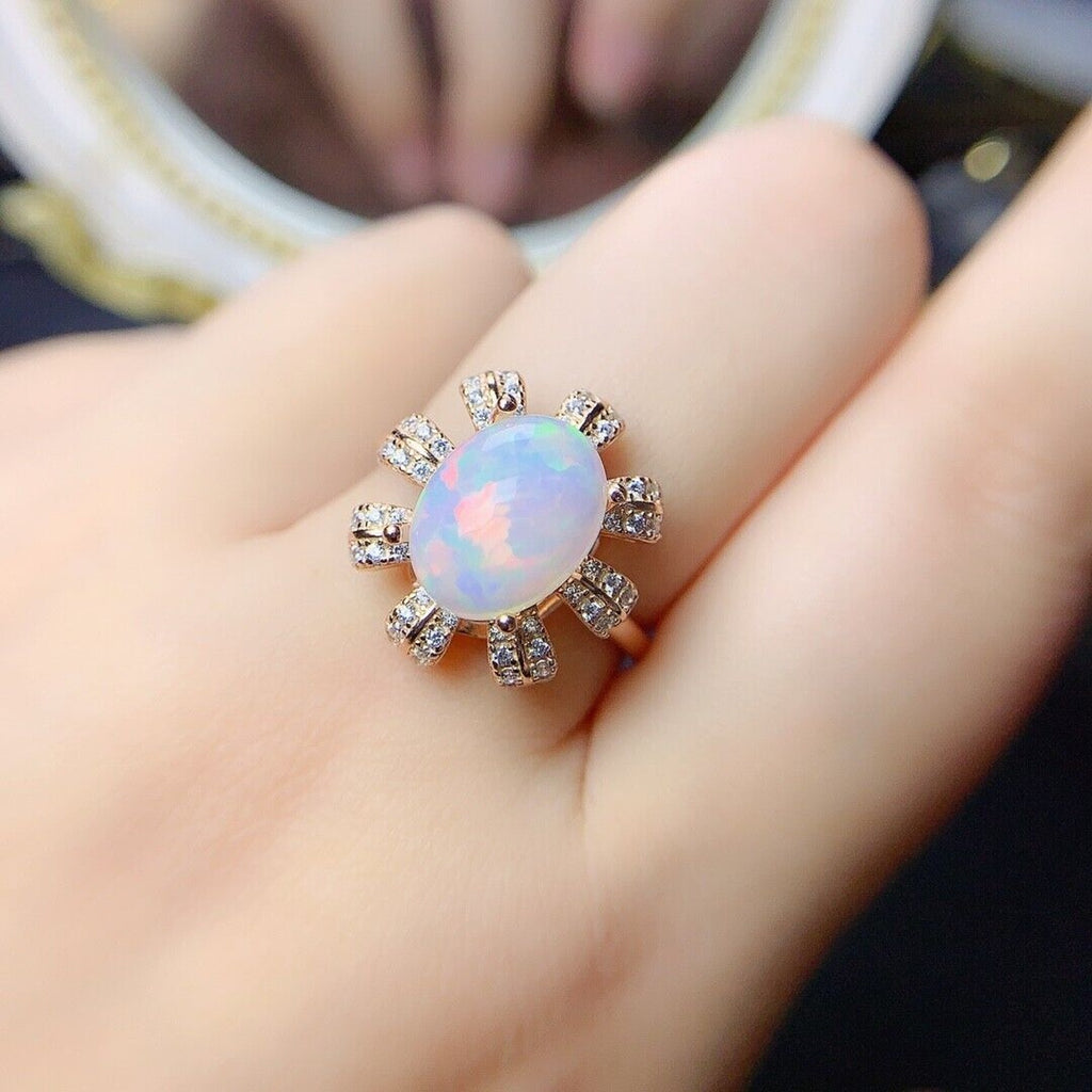 Natural White Opal Cocktail Ring 9x11mm, Colorful Opal Ring 925 Sterling Silver