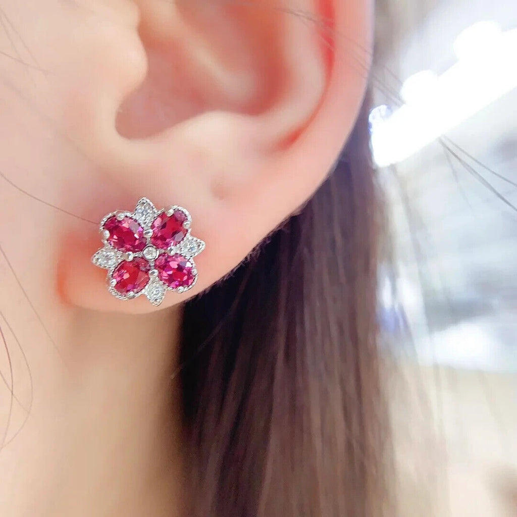 Pink Topaz Flower Cluster Earrings, Pink Topaz Stud Earrings 3x4mm 925 Sterling